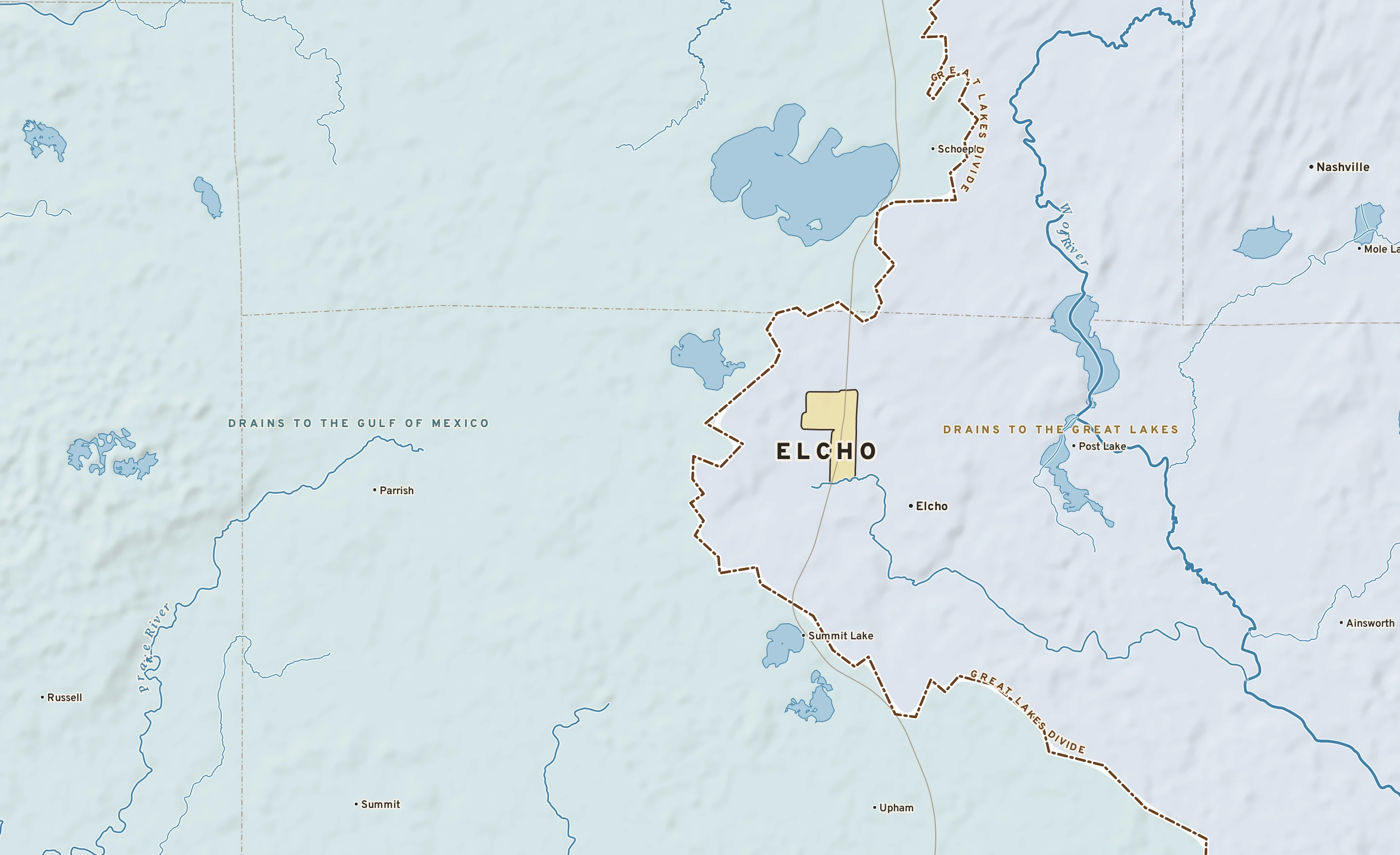 Shaded-relief atlas plate of Elcho, Wisconsin: rivers, roads, the city limits and where the water drains.