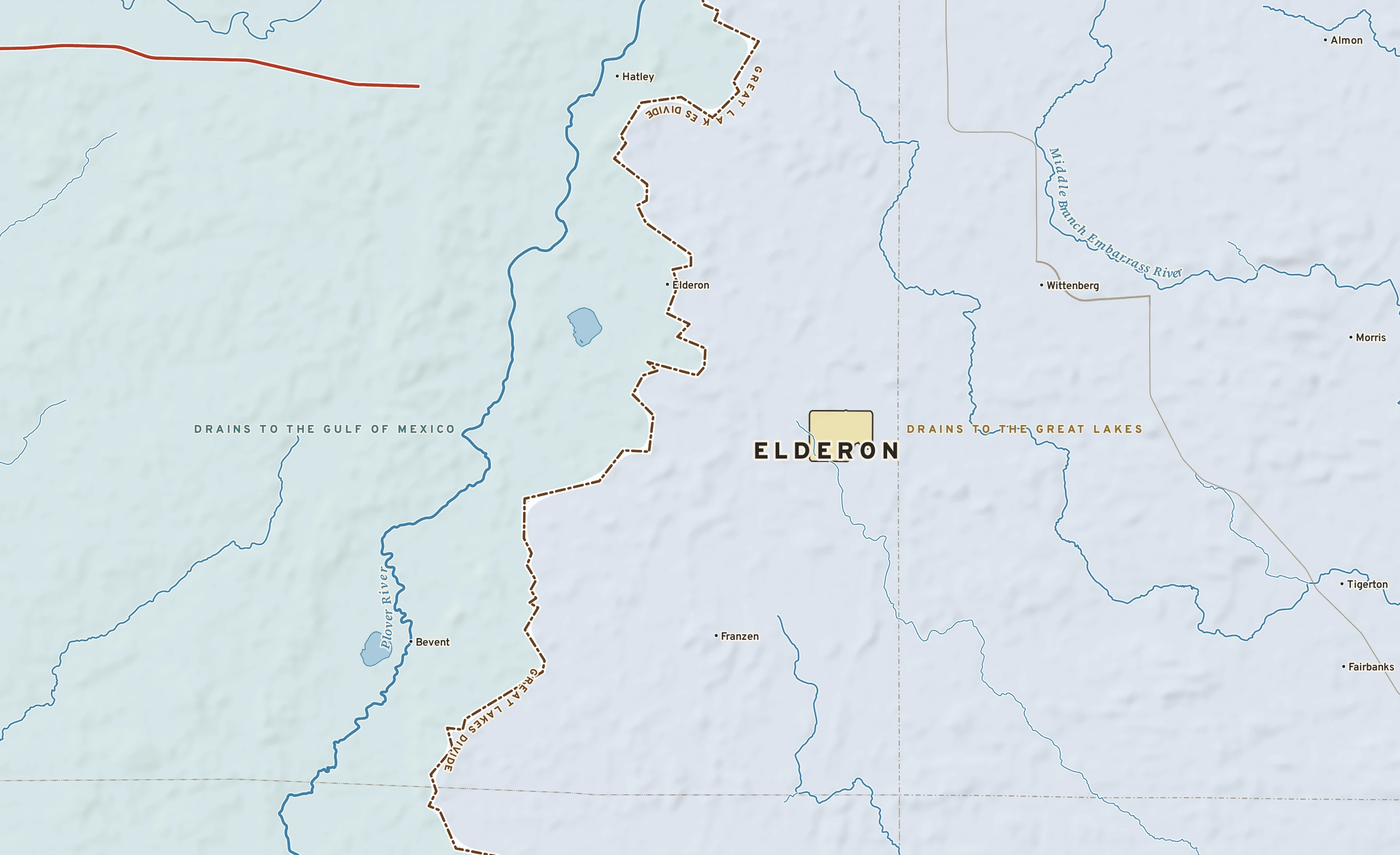 Shaded-relief atlas plate of Elderon, Wisconsin: rivers, roads, the city limits and where the water drains.
