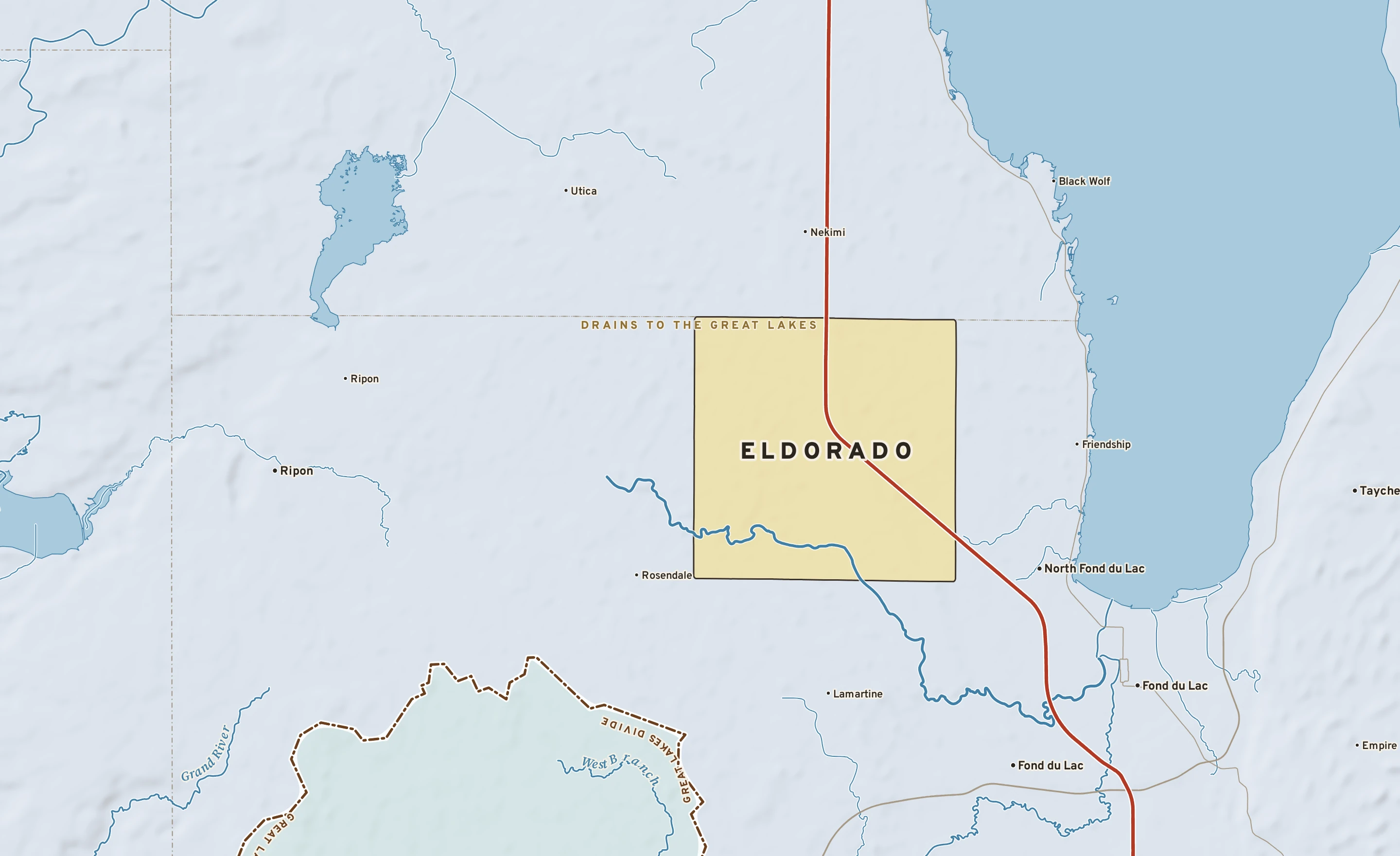 Shaded-relief atlas plate of Eldorado, Wisconsin: rivers, roads, the city limits and where the water drains.