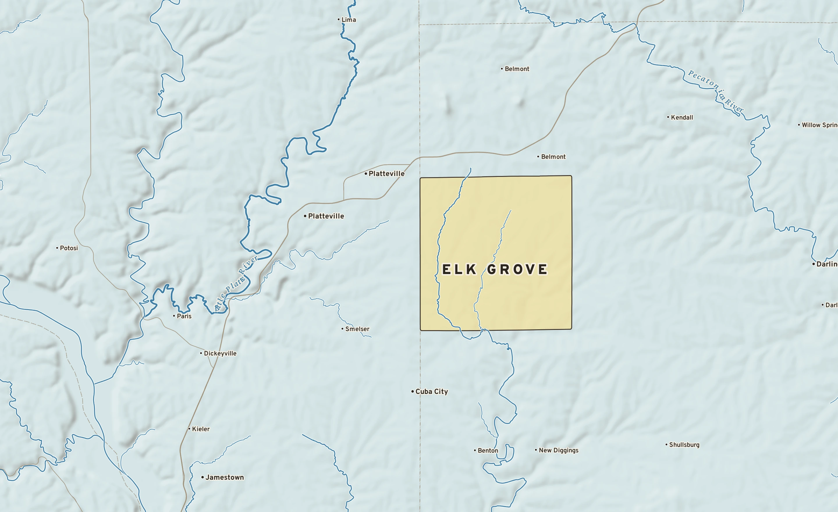 Shaded-relief atlas plate of Elk Grove, Wisconsin: rivers, roads, the city limits and where the water drains.