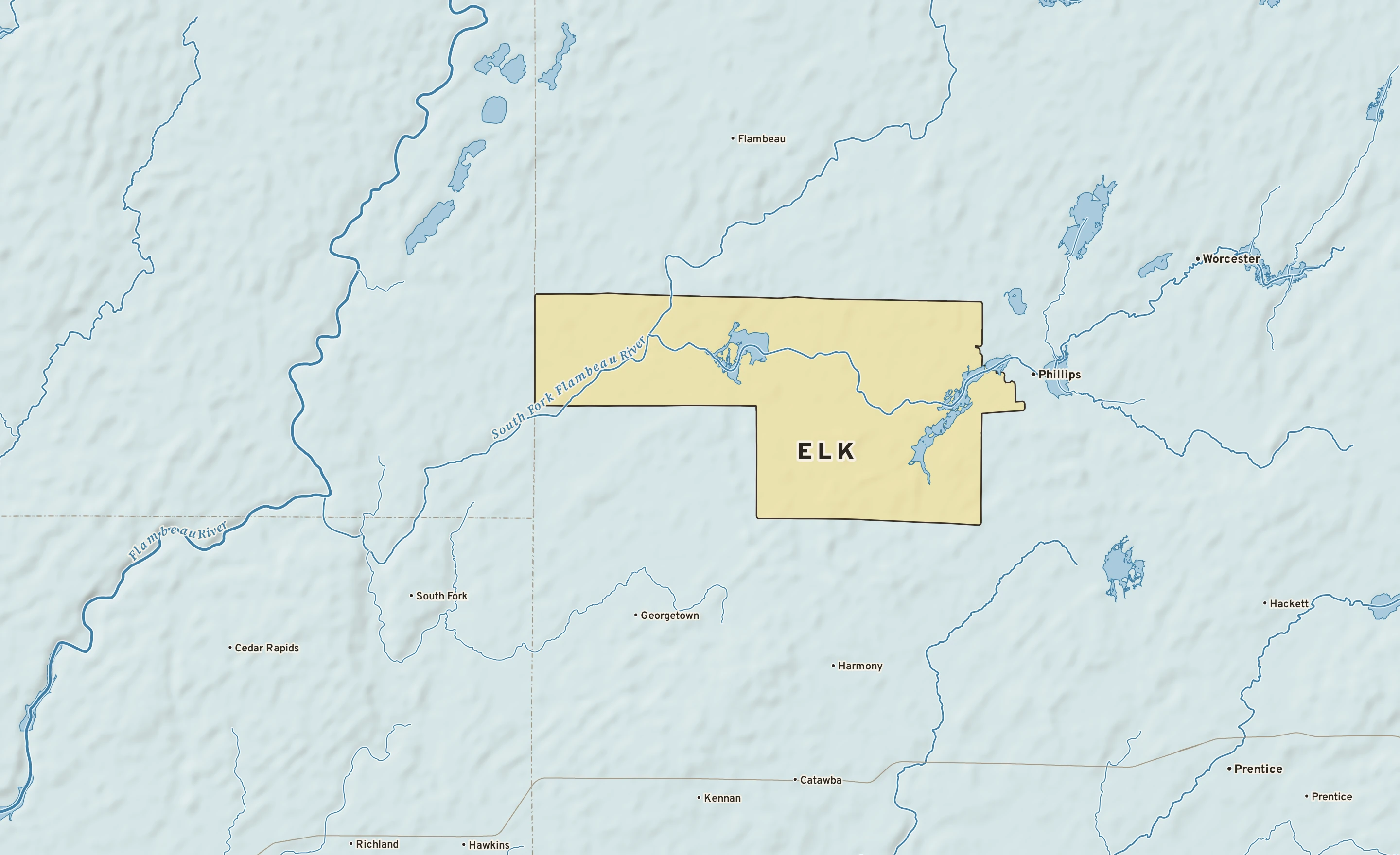 Shaded-relief atlas plate of Elk, Wisconsin: rivers, roads, the city limits and where the water drains.