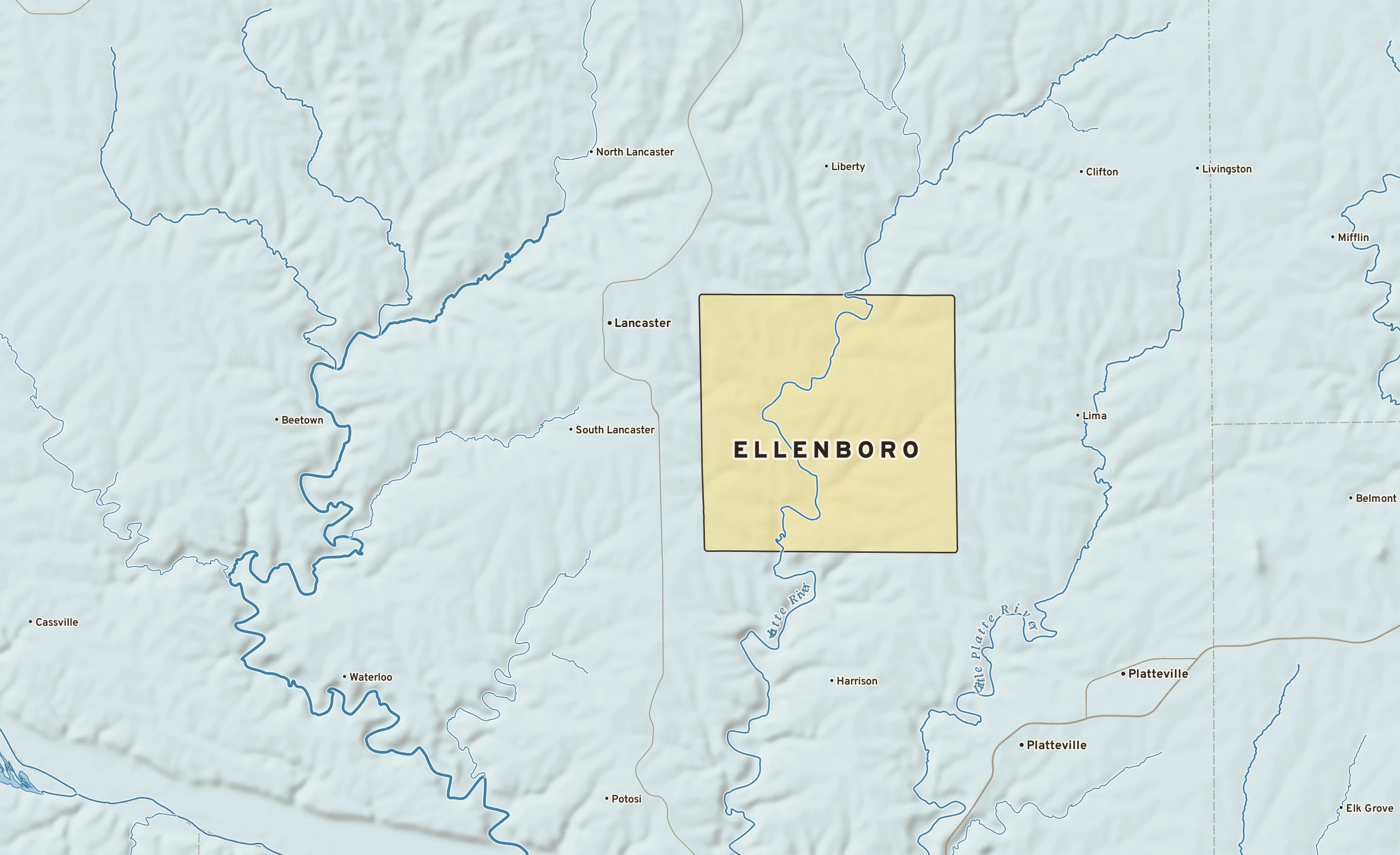 Shaded-relief atlas plate of Ellenboro, Wisconsin: rivers, roads, the city limits and where the water drains.