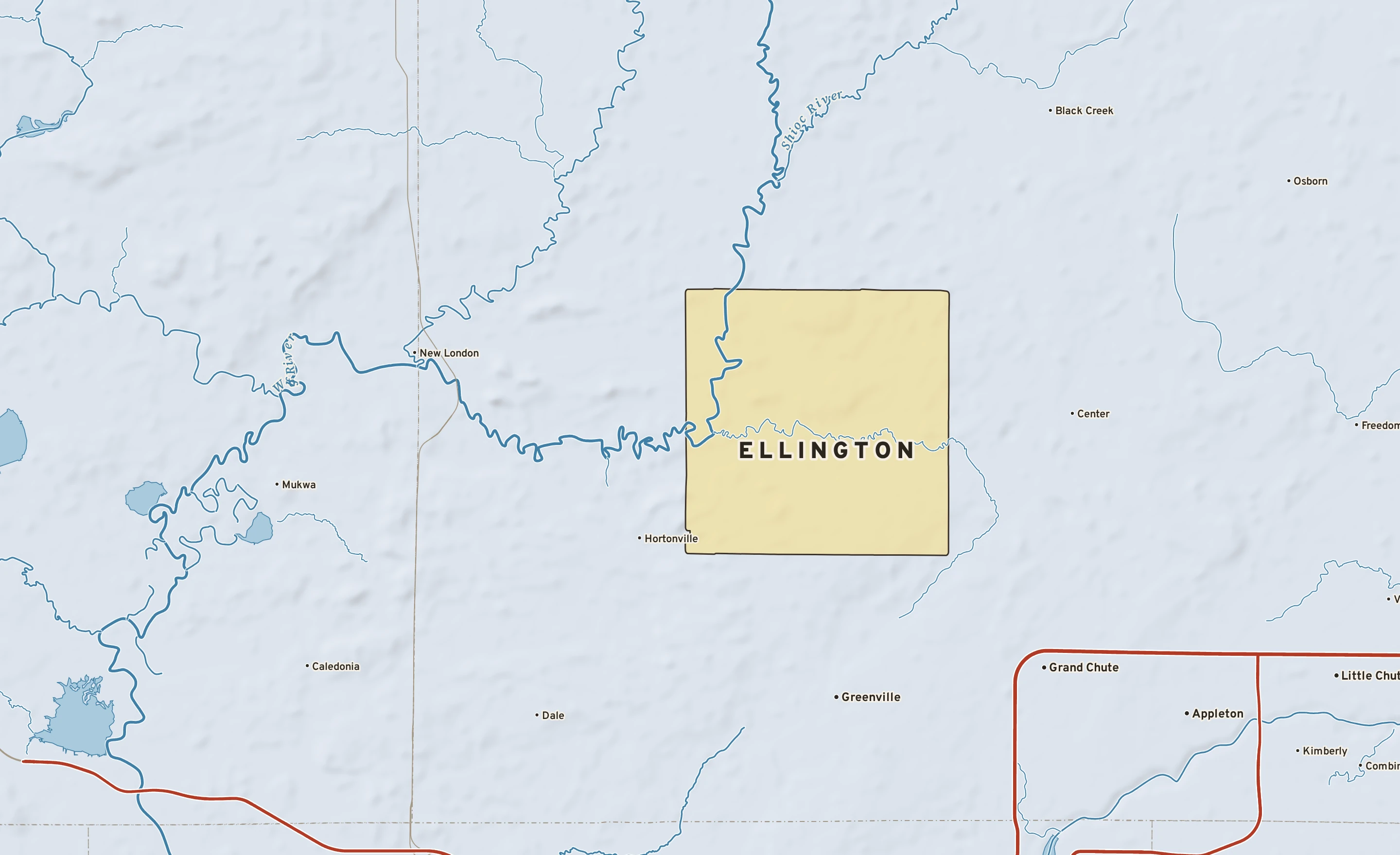 Shaded-relief atlas plate of Ellington, Wisconsin: rivers, roads, the city limits and where the water drains.
