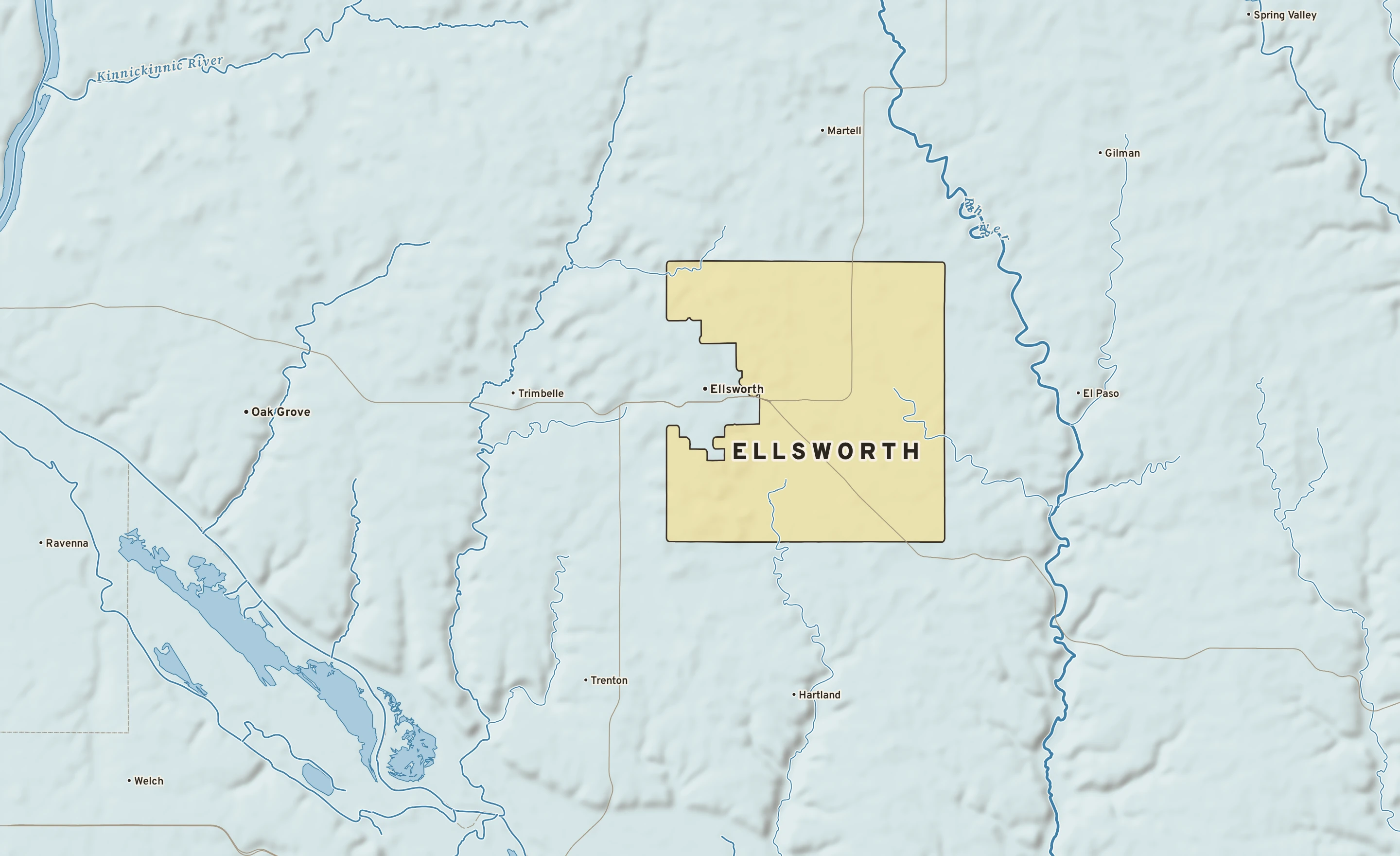 Shaded-relief atlas plate of Ellsworth, Wisconsin: rivers, roads, the city limits and where the water drains.