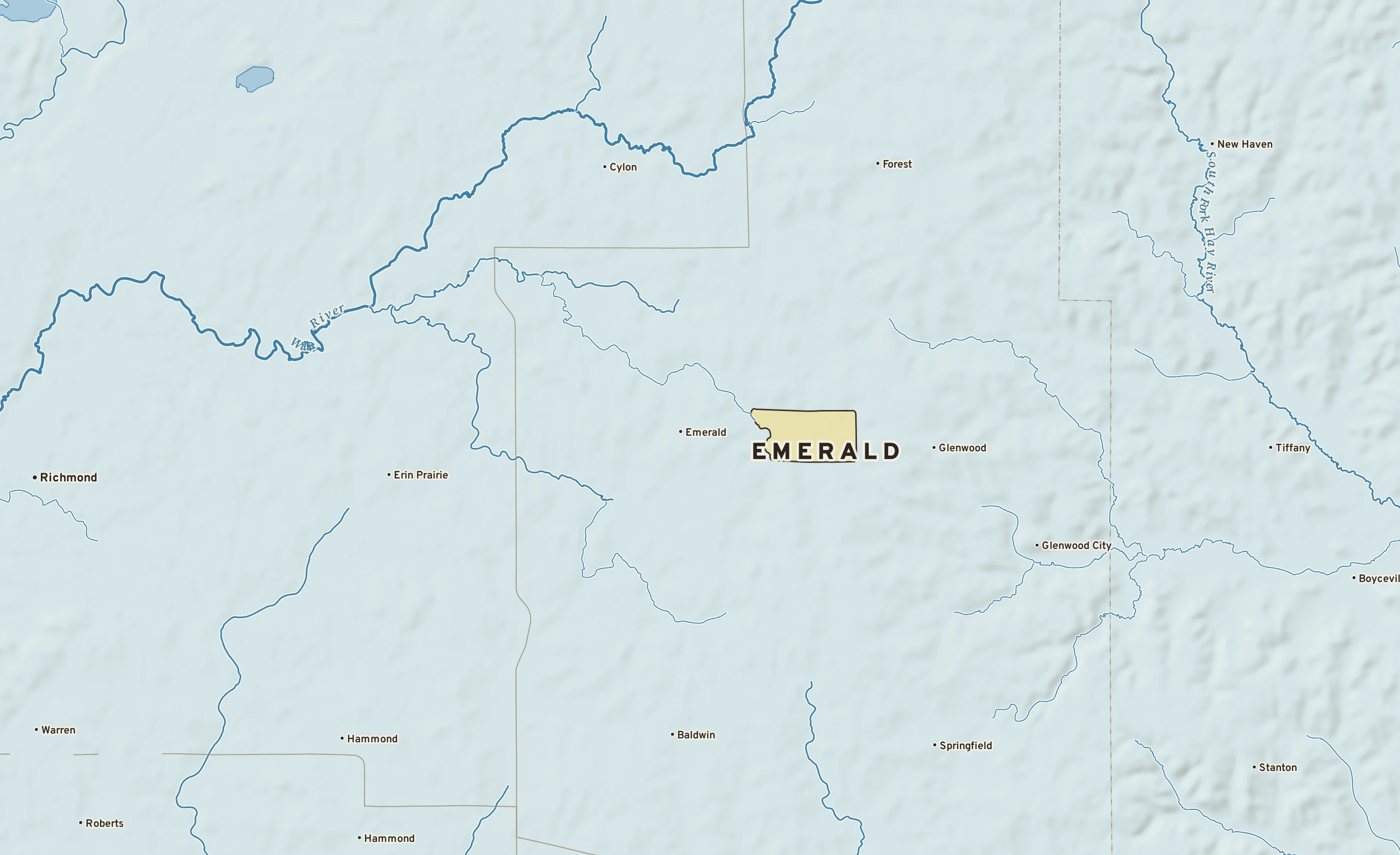 Shaded-relief atlas plate of Emerald, Wisconsin: rivers, roads, the city limits and where the water drains.