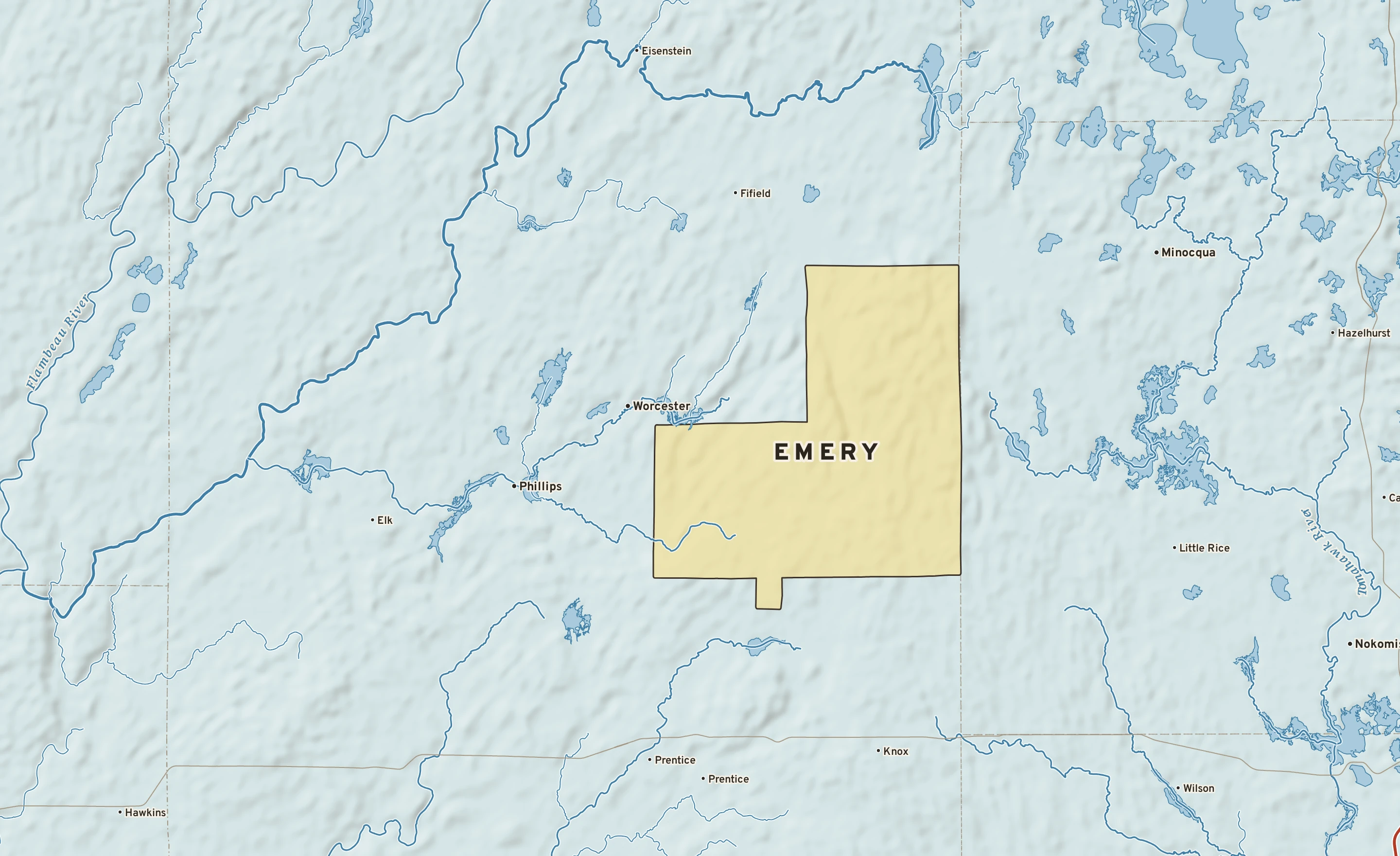 Shaded-relief atlas plate of Emery, Wisconsin: rivers, roads, the city limits and where the water drains.