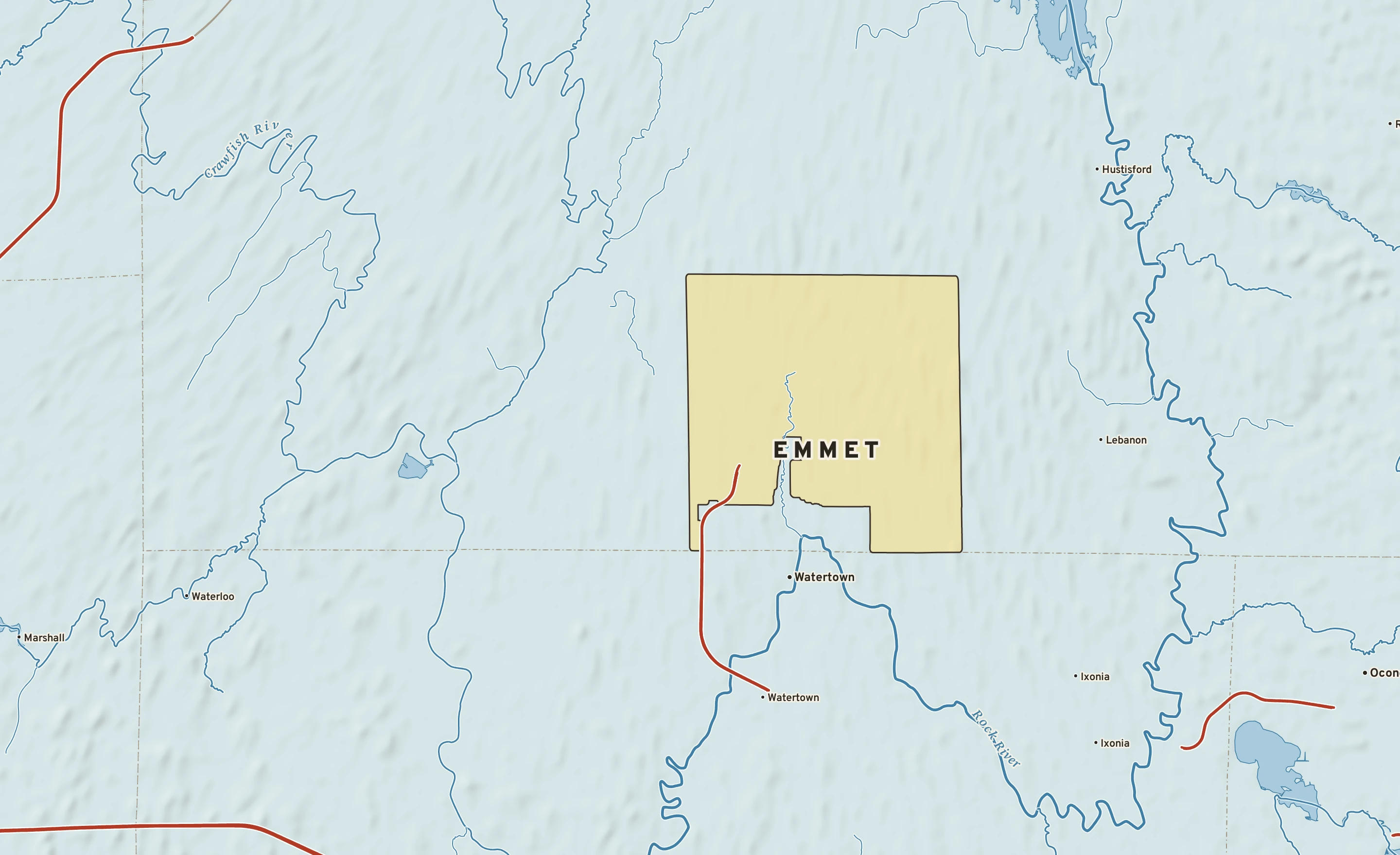 Shaded-relief atlas plate of Emmet, Wisconsin: rivers, roads, the city limits and where the water drains.