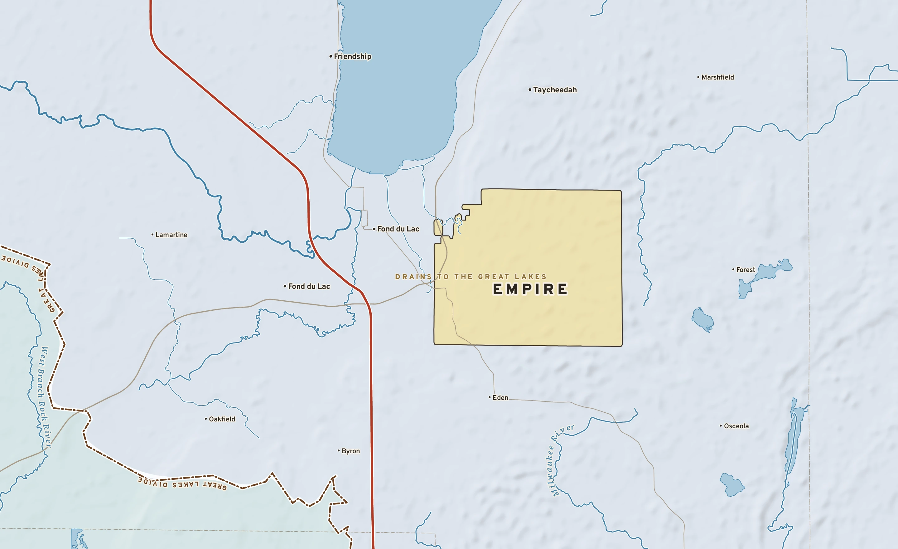 Shaded-relief atlas plate of Empire, Wisconsin: rivers, roads, the city limits and where the water drains.