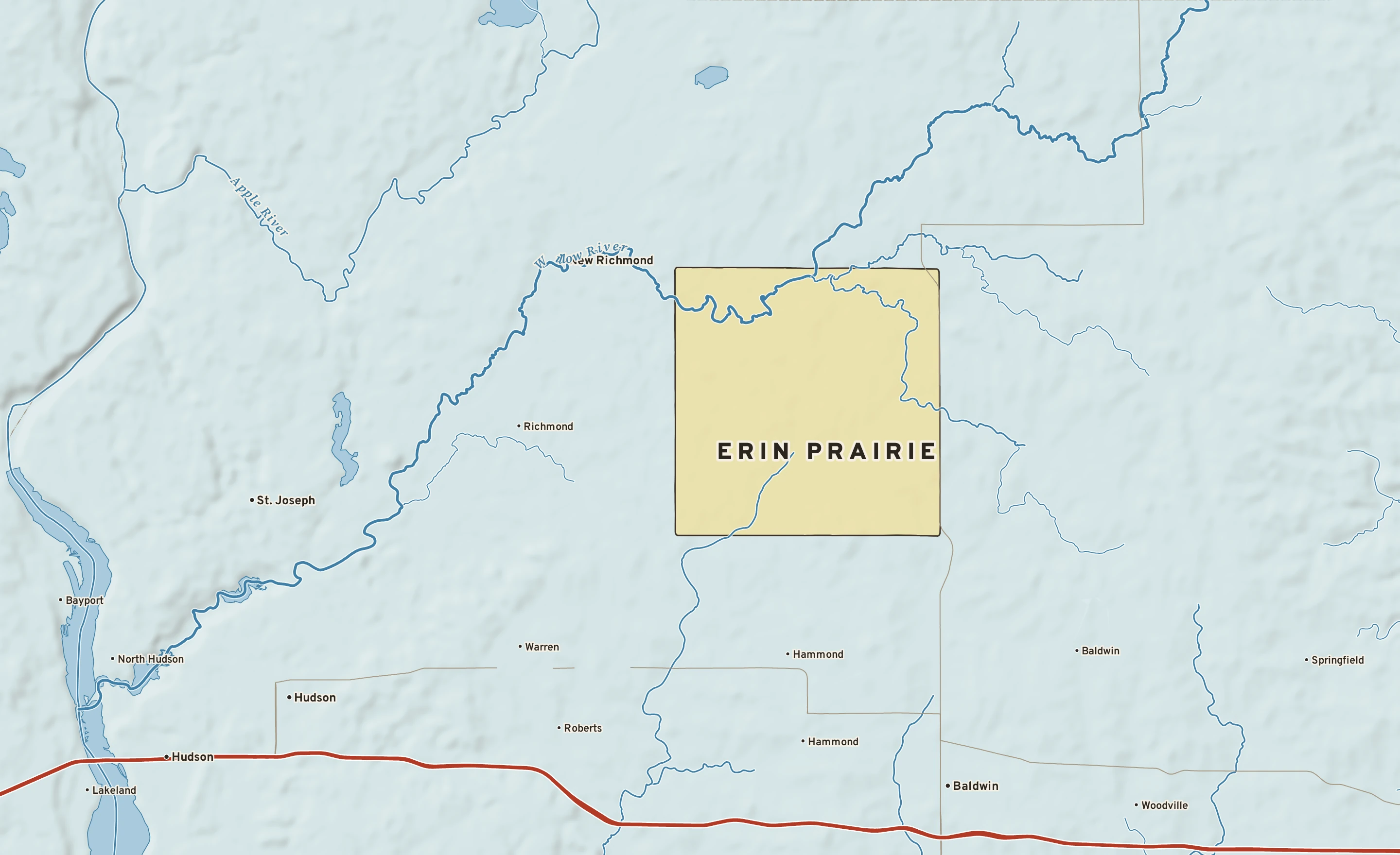 Shaded-relief atlas plate of Erin Prairie, Wisconsin: rivers, roads, the city limits and where the water drains.