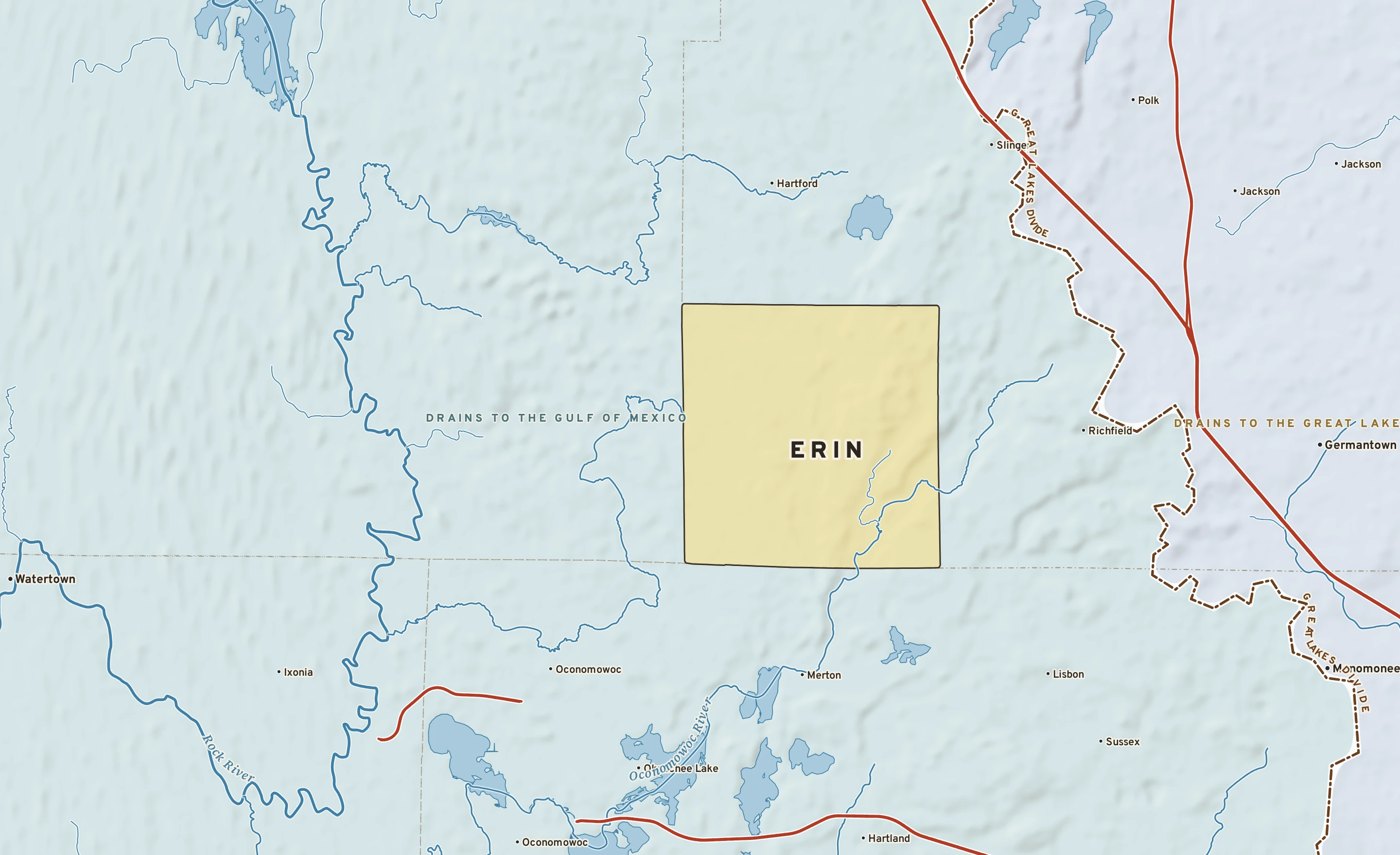 Shaded-relief atlas plate of Erin, Wisconsin: rivers, roads, the city limits and where the water drains.