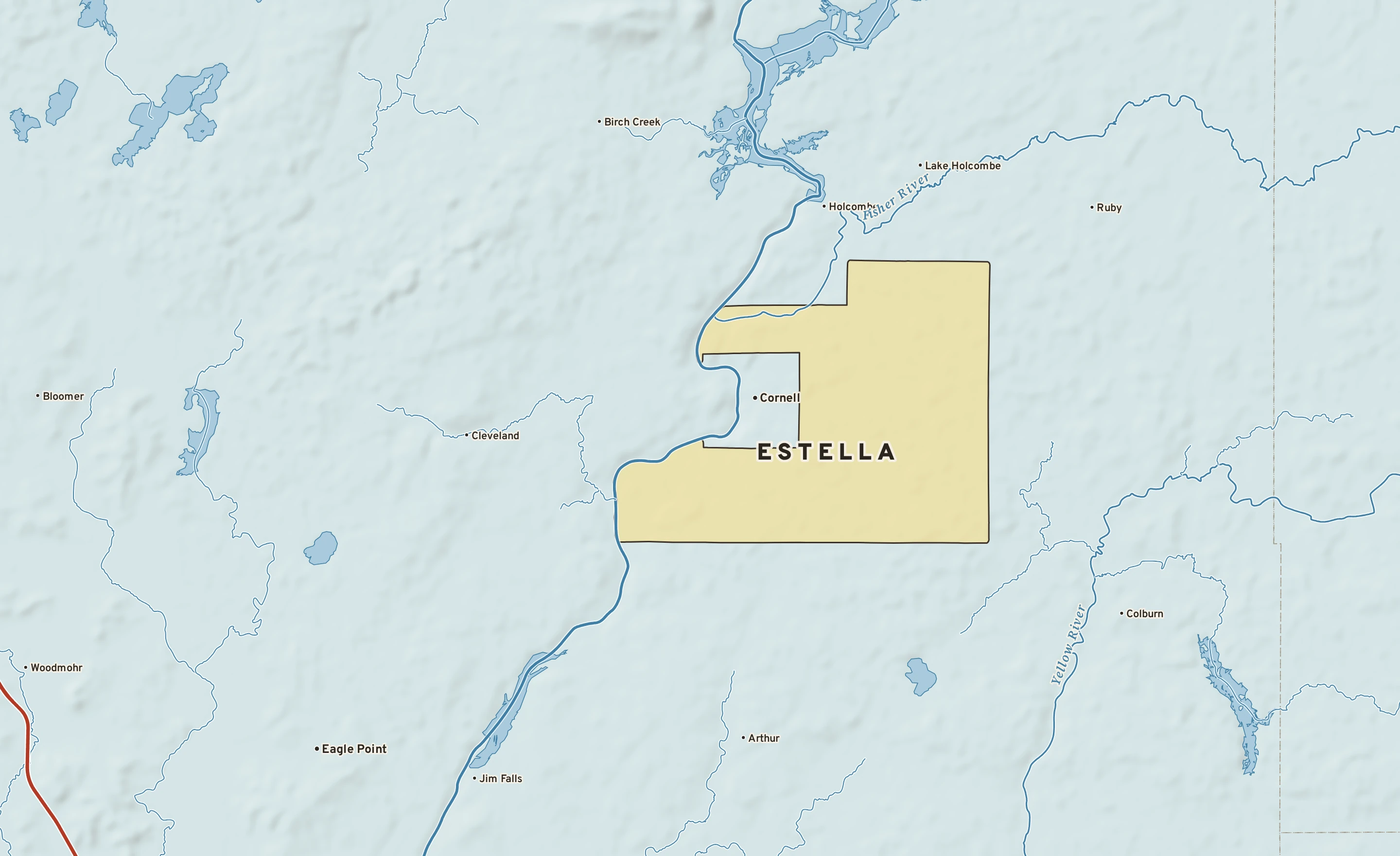 Shaded-relief atlas plate of Estella, Wisconsin: rivers, roads, the city limits and where the water drains.