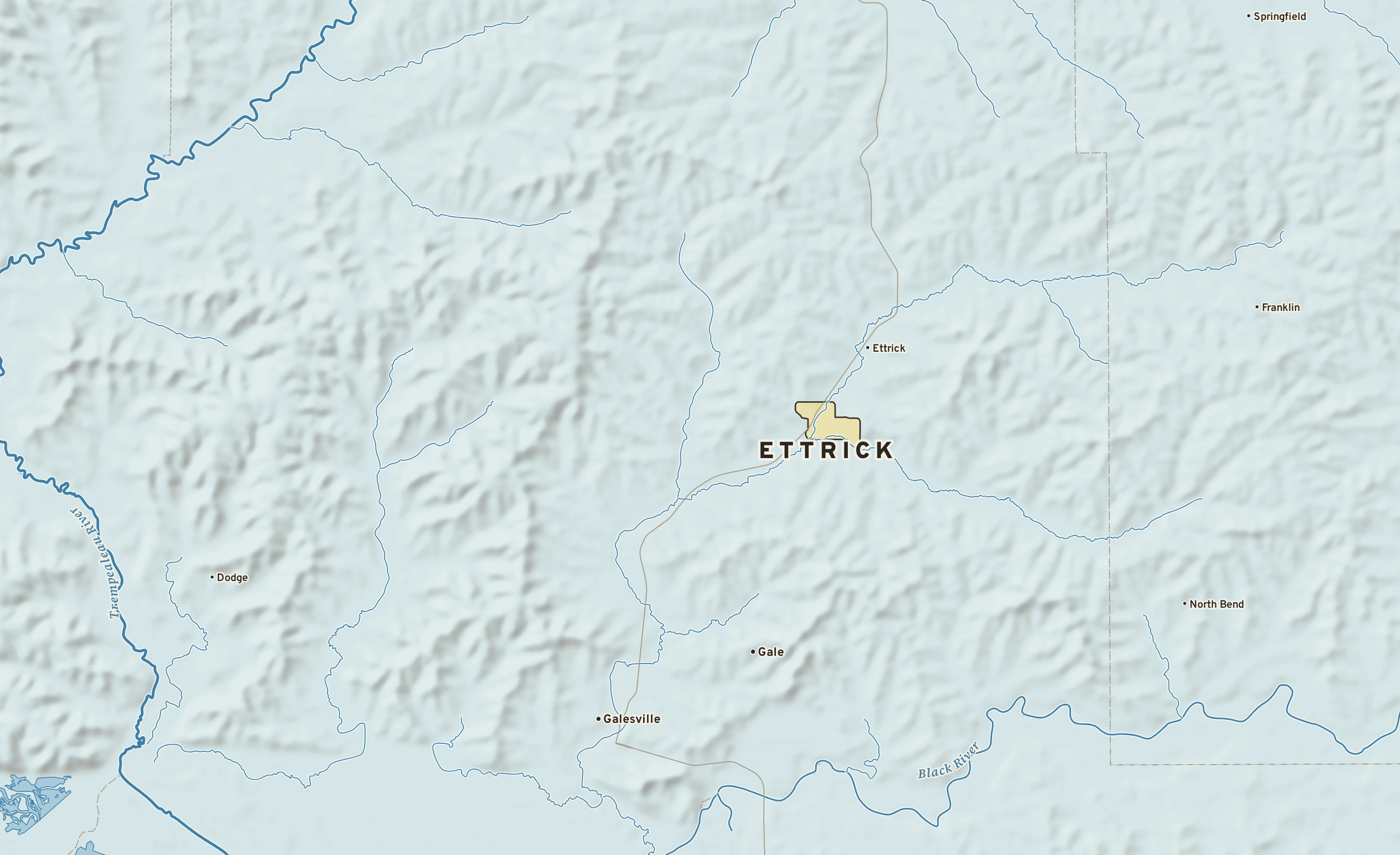 Shaded-relief atlas plate of Ettrick, Wisconsin: rivers, roads, the city limits and where the water drains.
