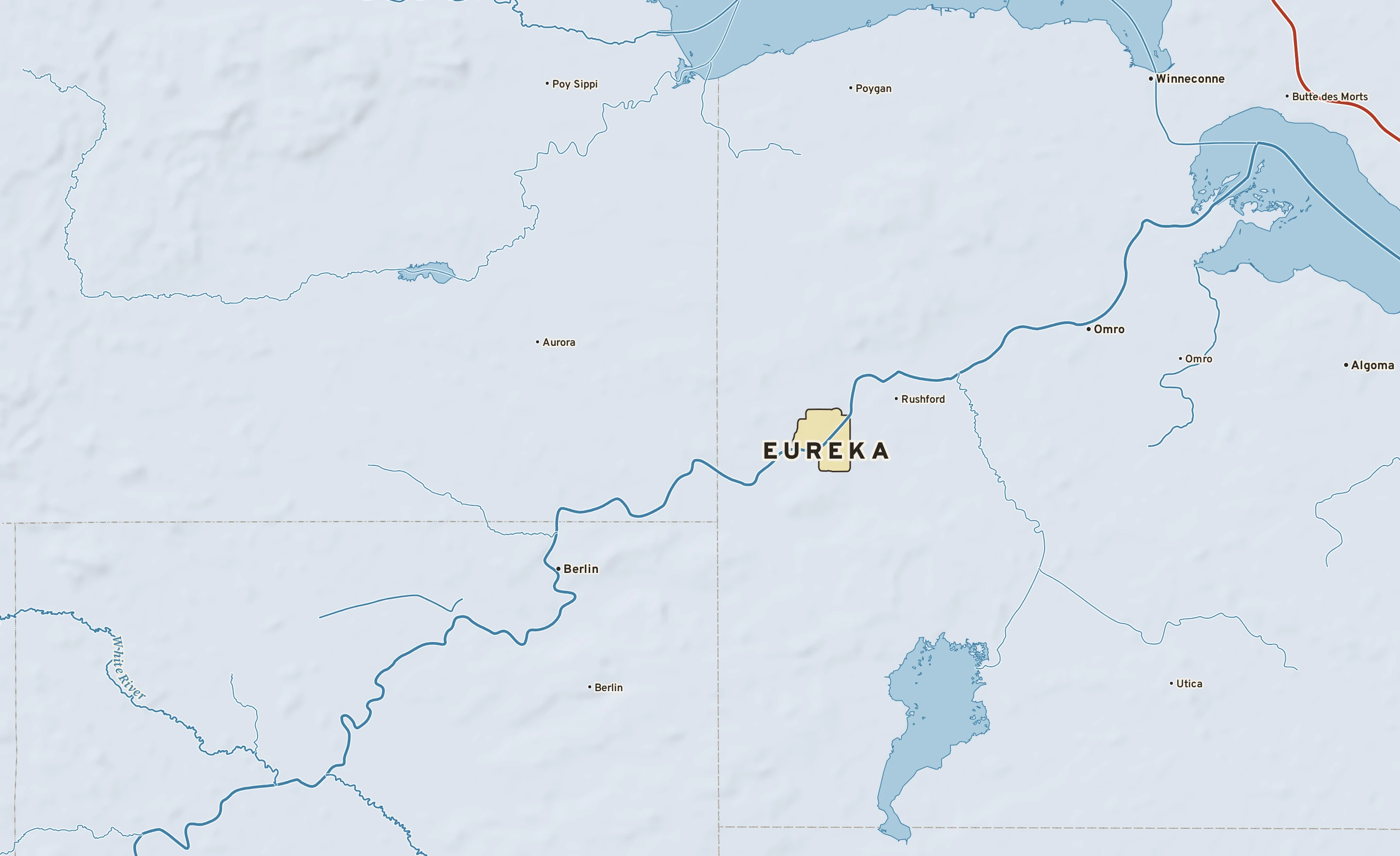 Shaded-relief atlas plate of Eureka, Wisconsin: rivers, roads, the city limits and where the water drains.