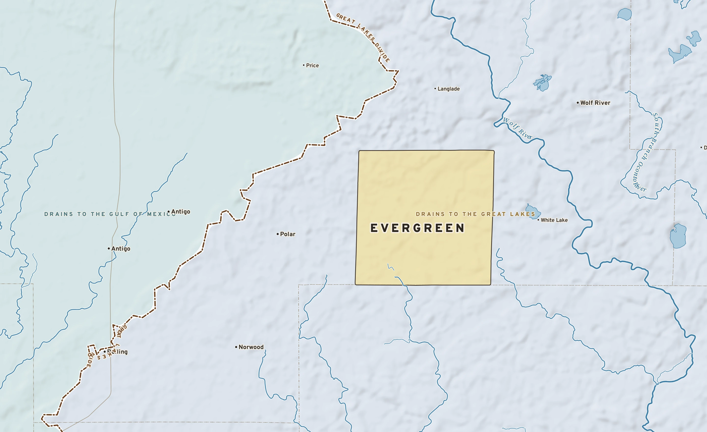 Shaded-relief atlas plate of Evergreen, Wisconsin: rivers, roads, the city limits and where the water drains.