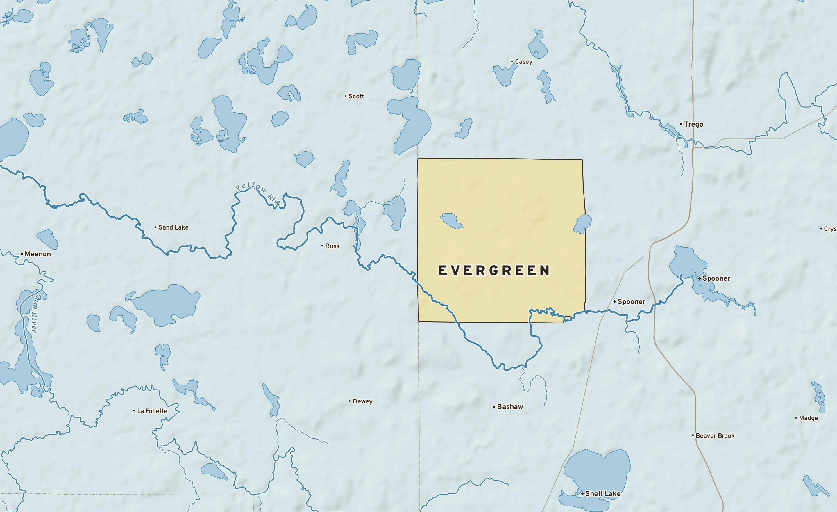 Shaded-relief atlas plate of Evergreen, Wisconsin: rivers, roads, the city limits and where the water drains.