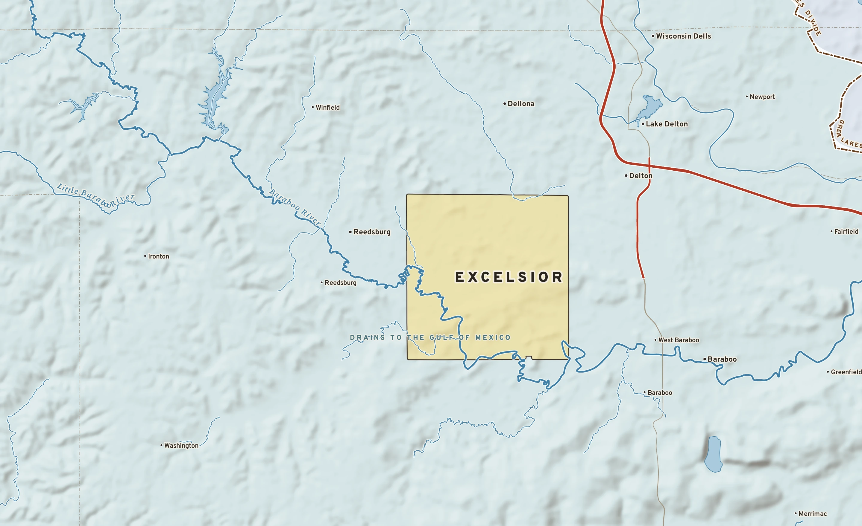 Shaded-relief atlas plate of Excelsior, Wisconsin: rivers, roads, the city limits and where the water drains.