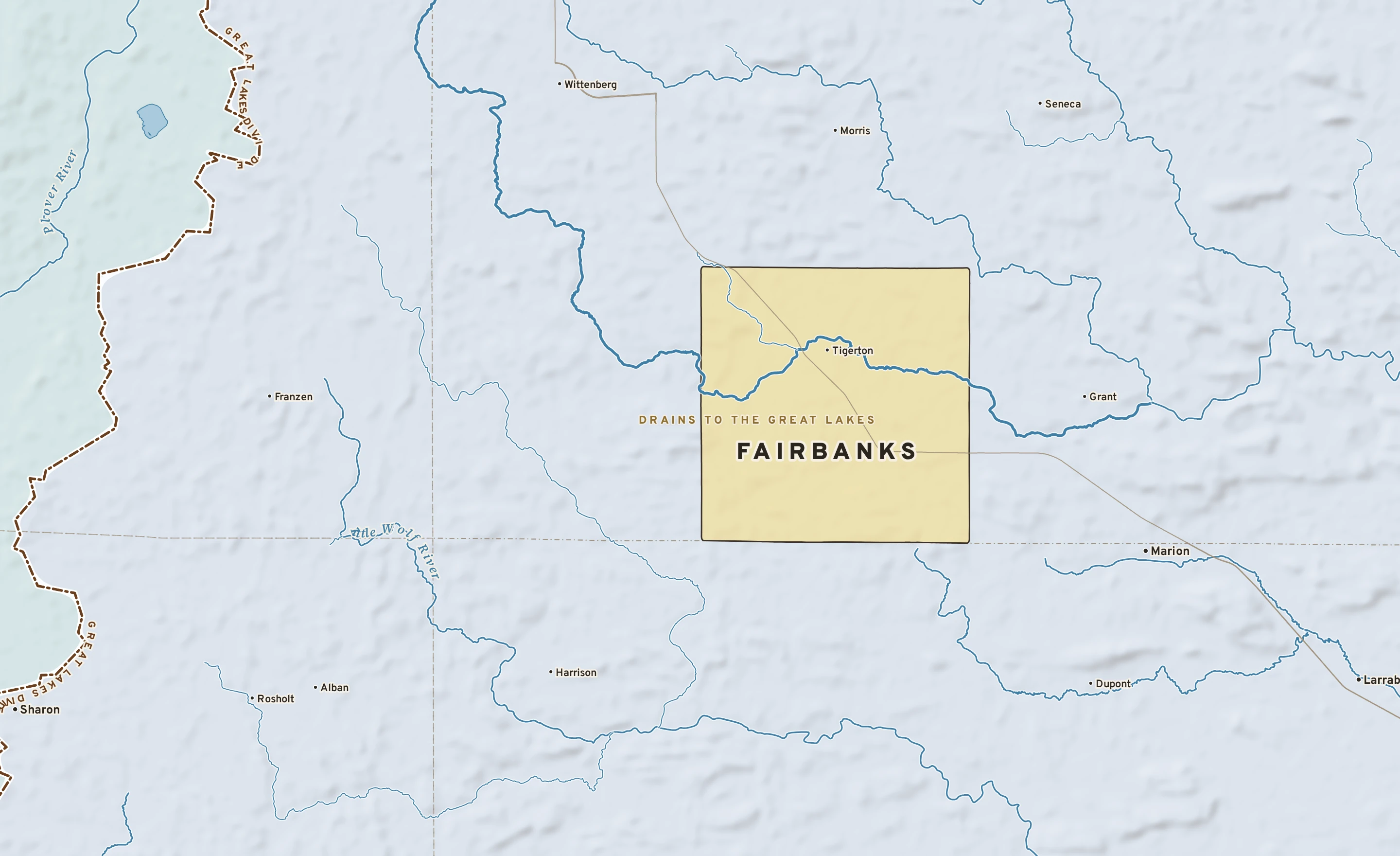 Shaded-relief atlas plate of Fairbanks, Wisconsin: rivers, roads, the city limits and where the water drains.