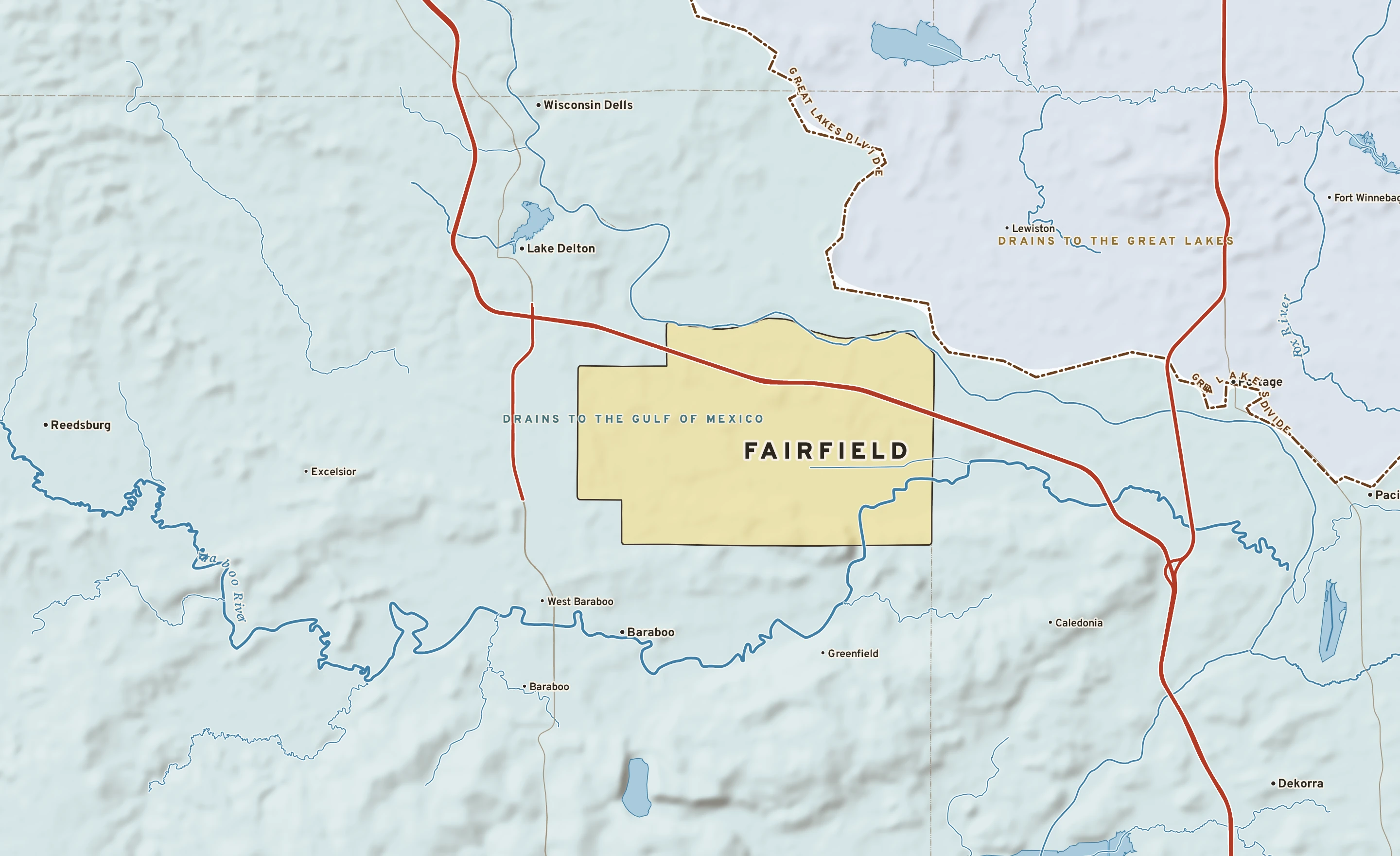 Shaded-relief atlas plate of Fairfield, Wisconsin: rivers, roads, the city limits and where the water drains.