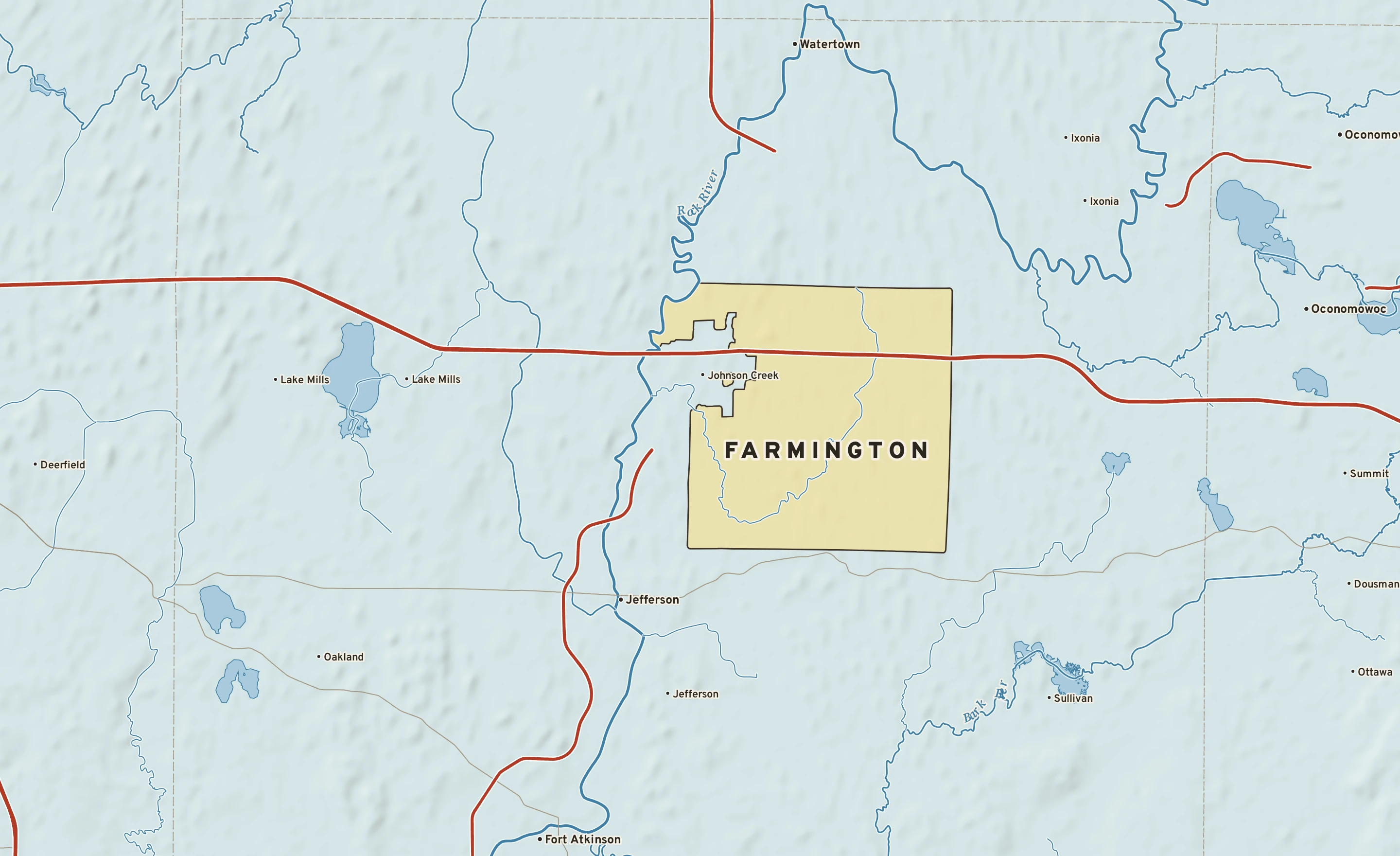 Shaded-relief atlas plate of Farmington, Wisconsin: rivers, roads, the city limits and where the water drains.