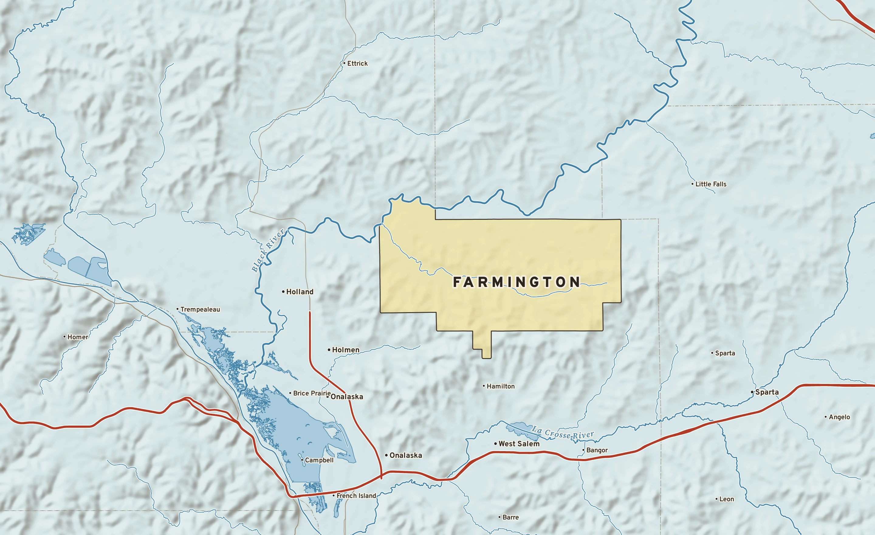 Shaded-relief atlas plate of Farmington, Wisconsin: rivers, roads, the city limits and where the water drains.