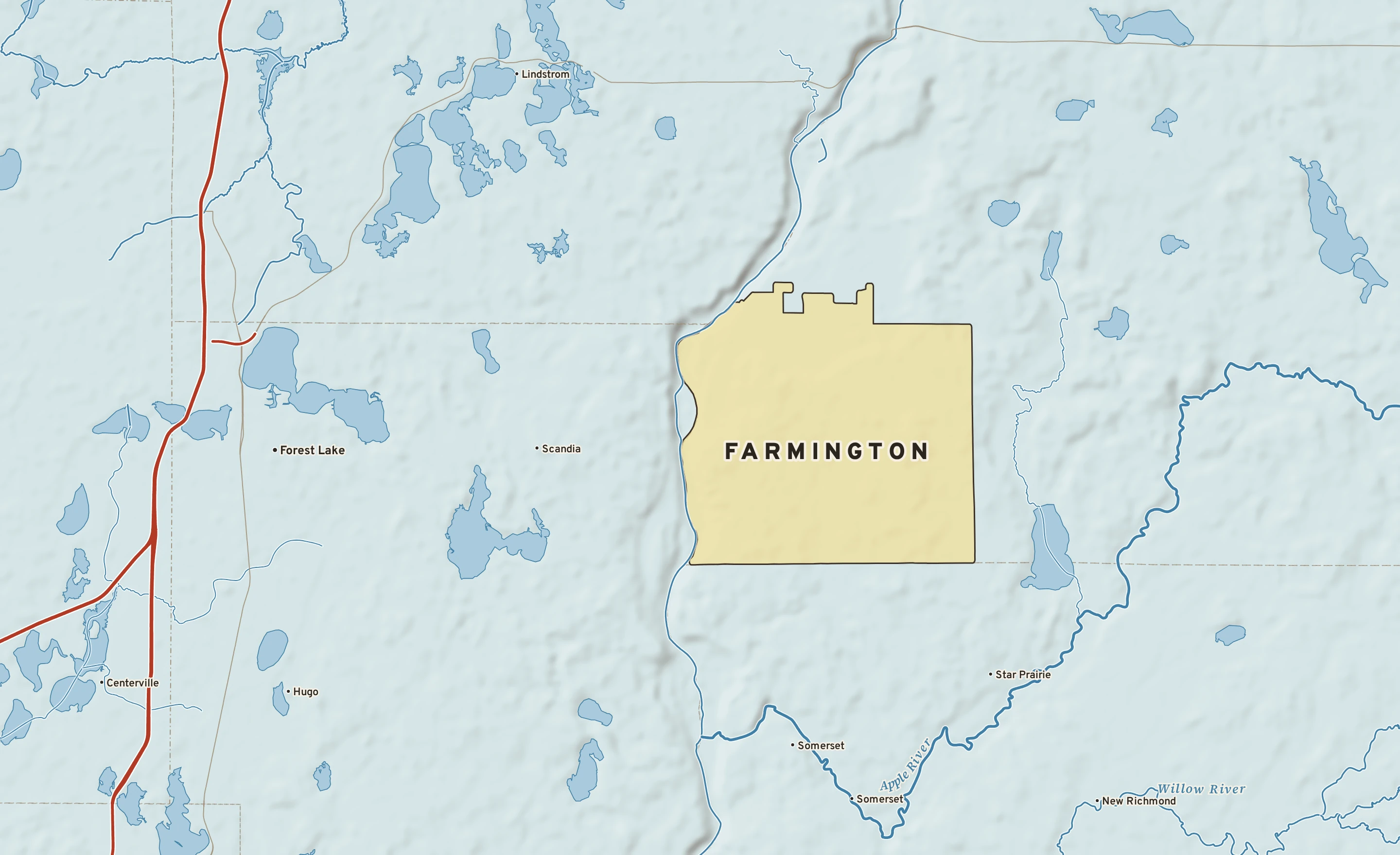 Shaded-relief atlas plate of Farmington, Wisconsin: rivers, roads, the city limits and where the water drains.