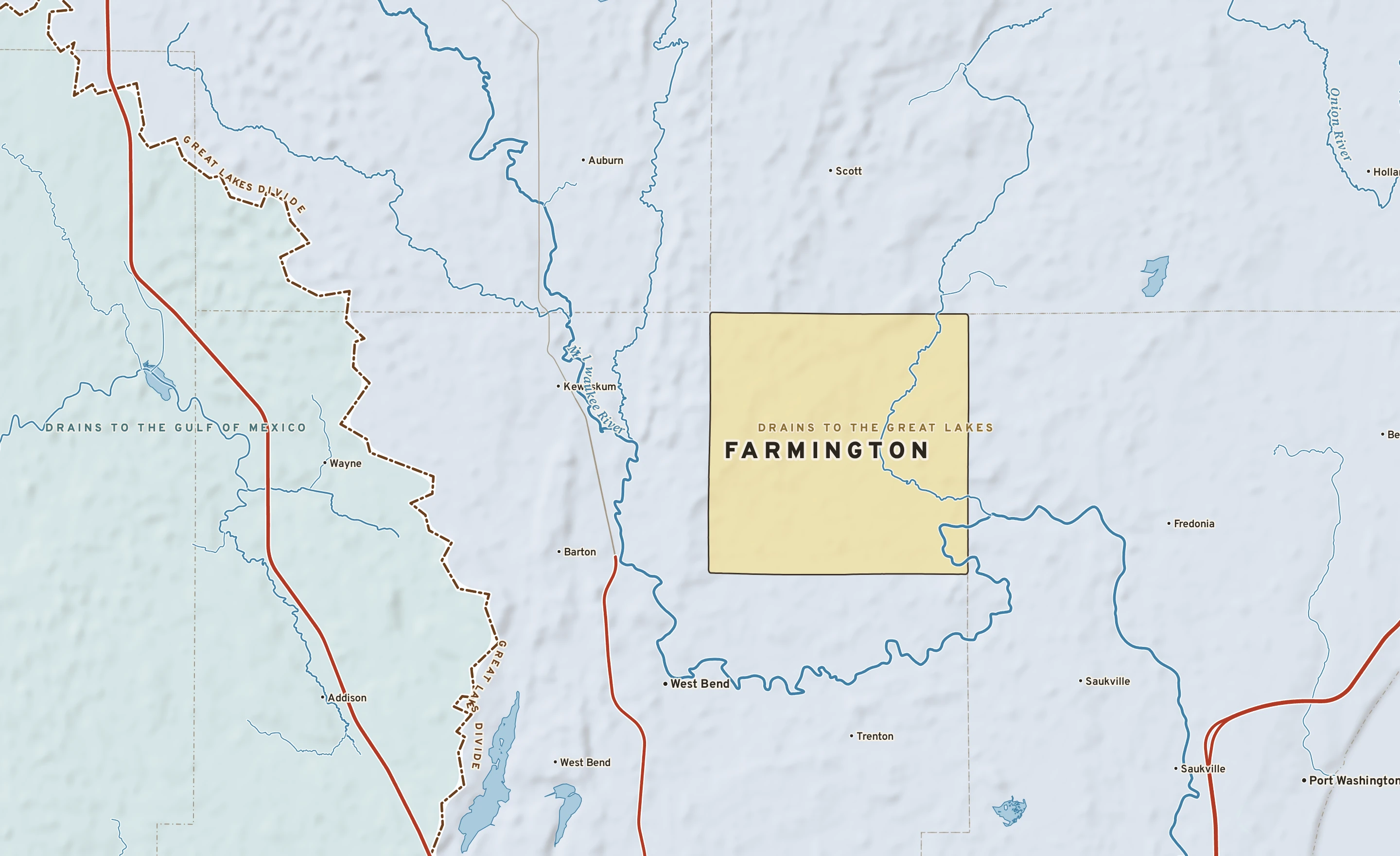 Shaded-relief atlas plate of Farmington, Wisconsin: rivers, roads, the city limits and where the water drains.