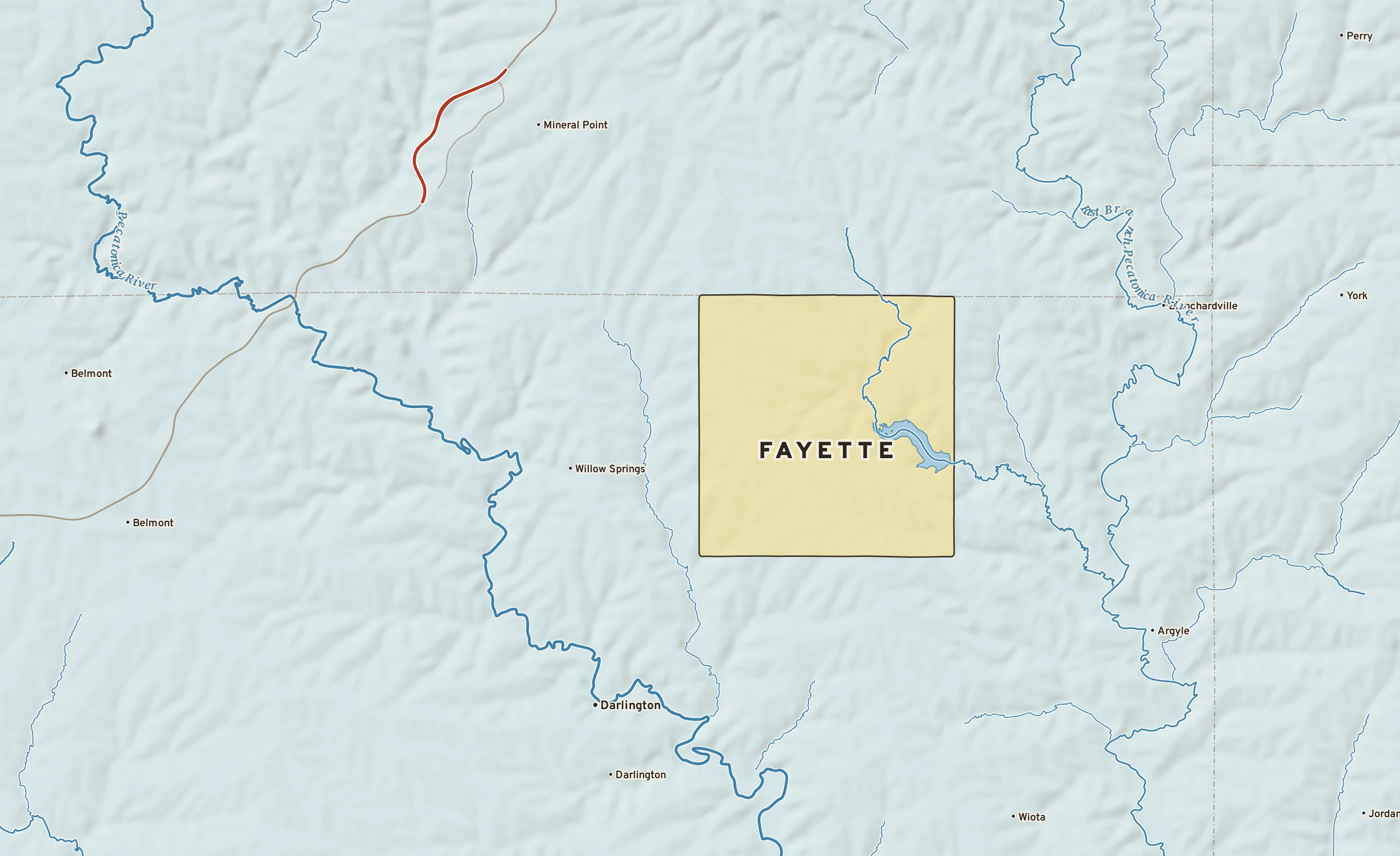 Shaded-relief atlas plate of Fayette, Wisconsin: rivers, roads, the city limits and where the water drains.