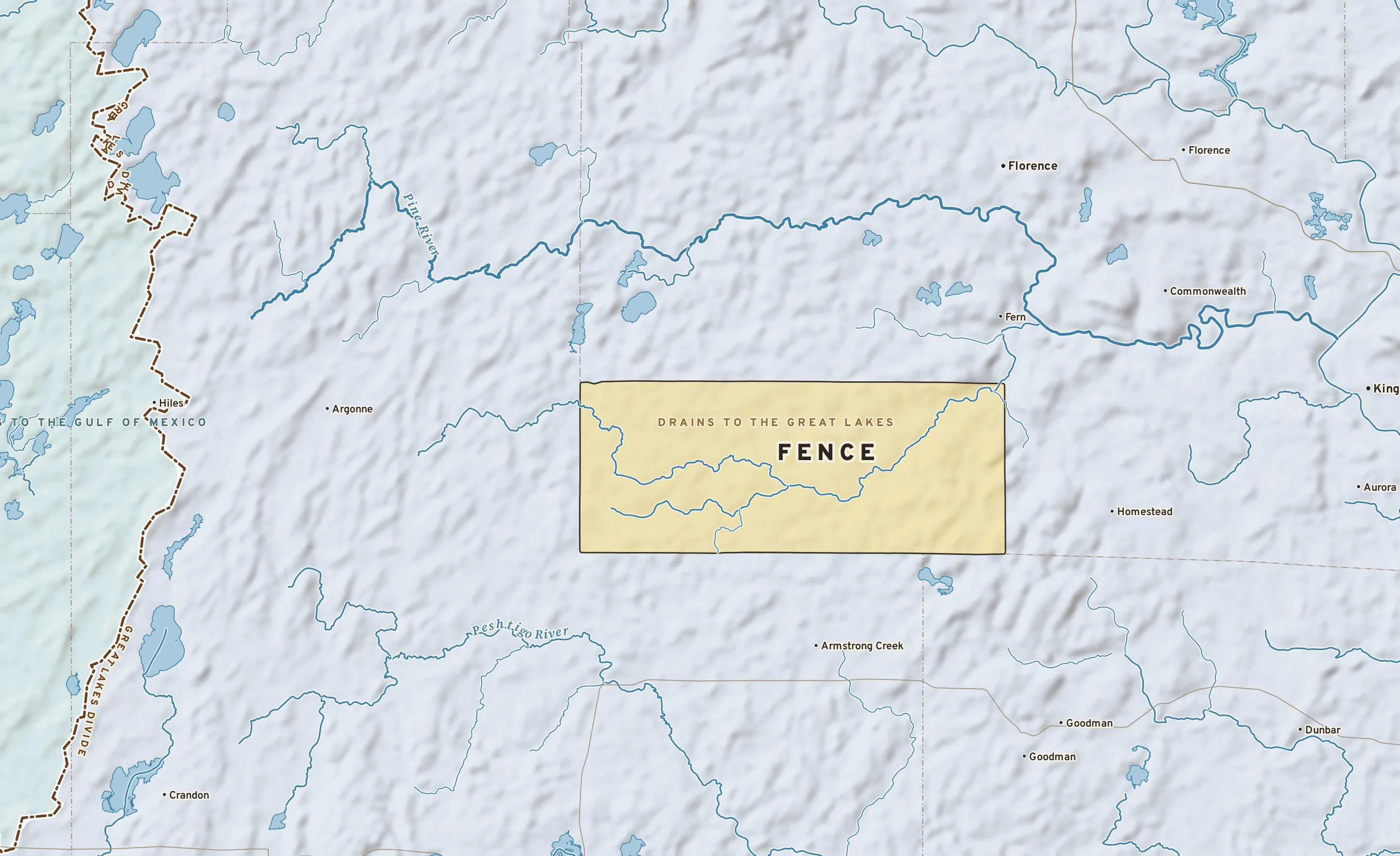 Shaded-relief atlas plate of Fence, Wisconsin: rivers, roads, the city limits and where the water drains.