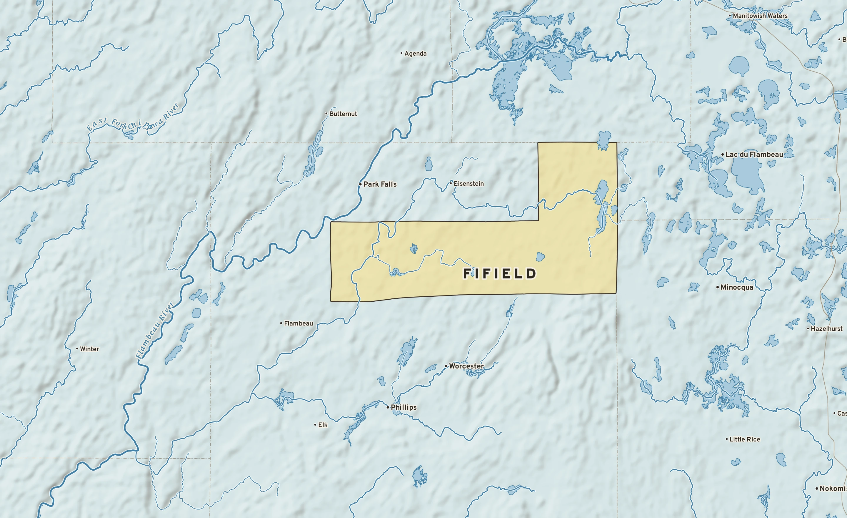 Shaded-relief atlas plate of Fifield, Wisconsin: rivers, roads, the city limits and where the water drains.