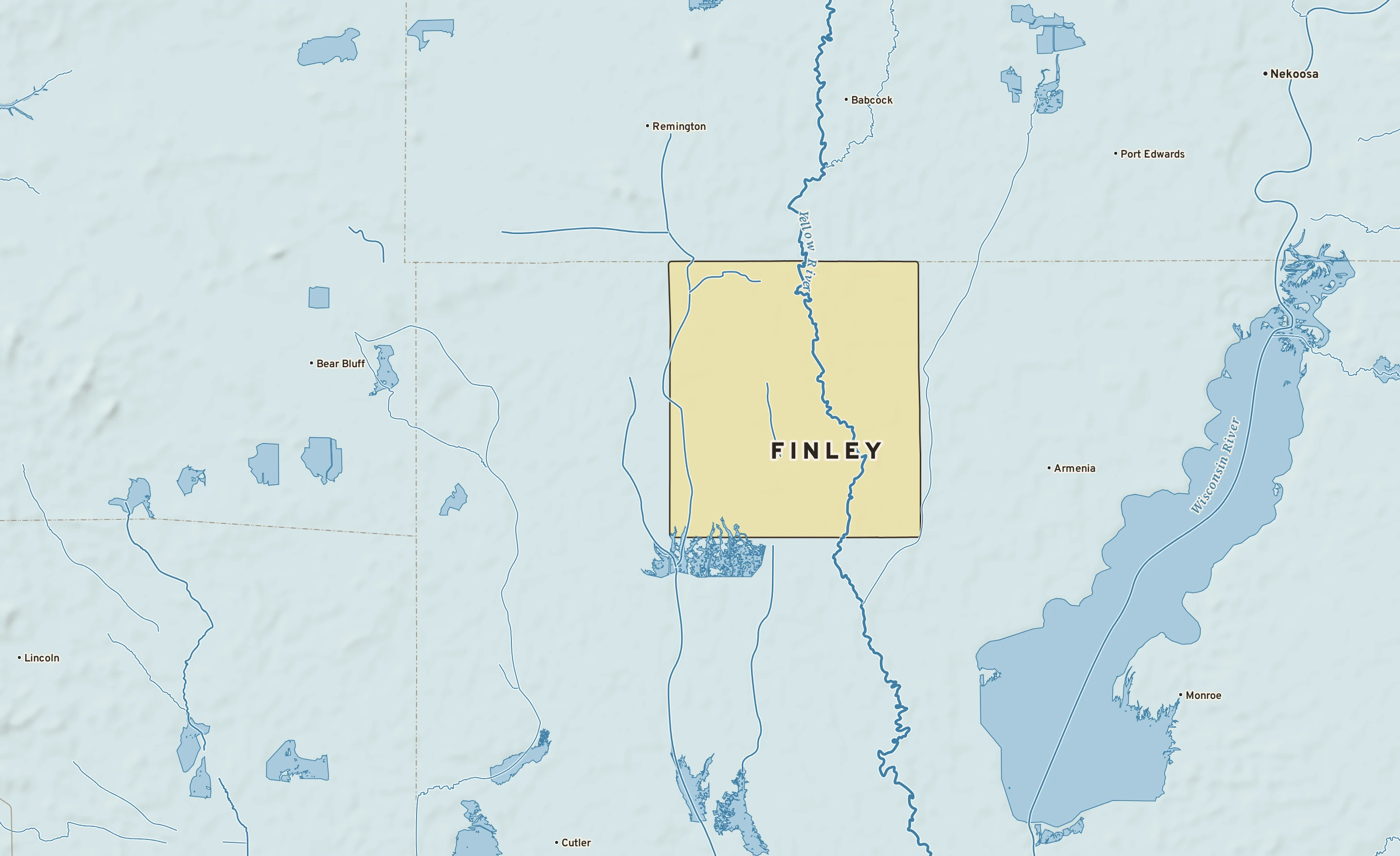 Shaded-relief atlas plate of Finley, Wisconsin: rivers, roads, the city limits and where the water drains.