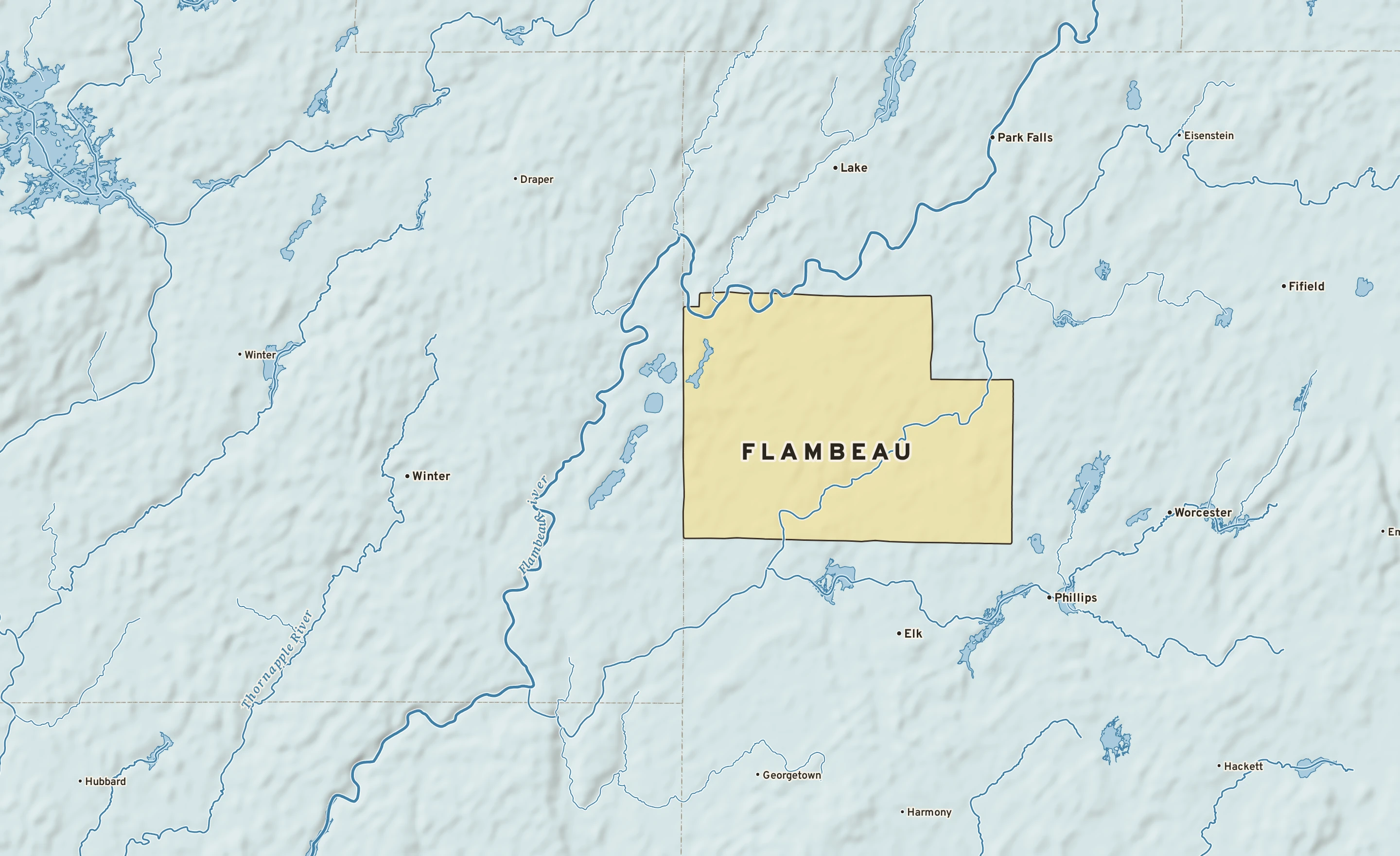Shaded-relief atlas plate of Flambeau, Wisconsin: rivers, roads, the city limits and where the water drains.