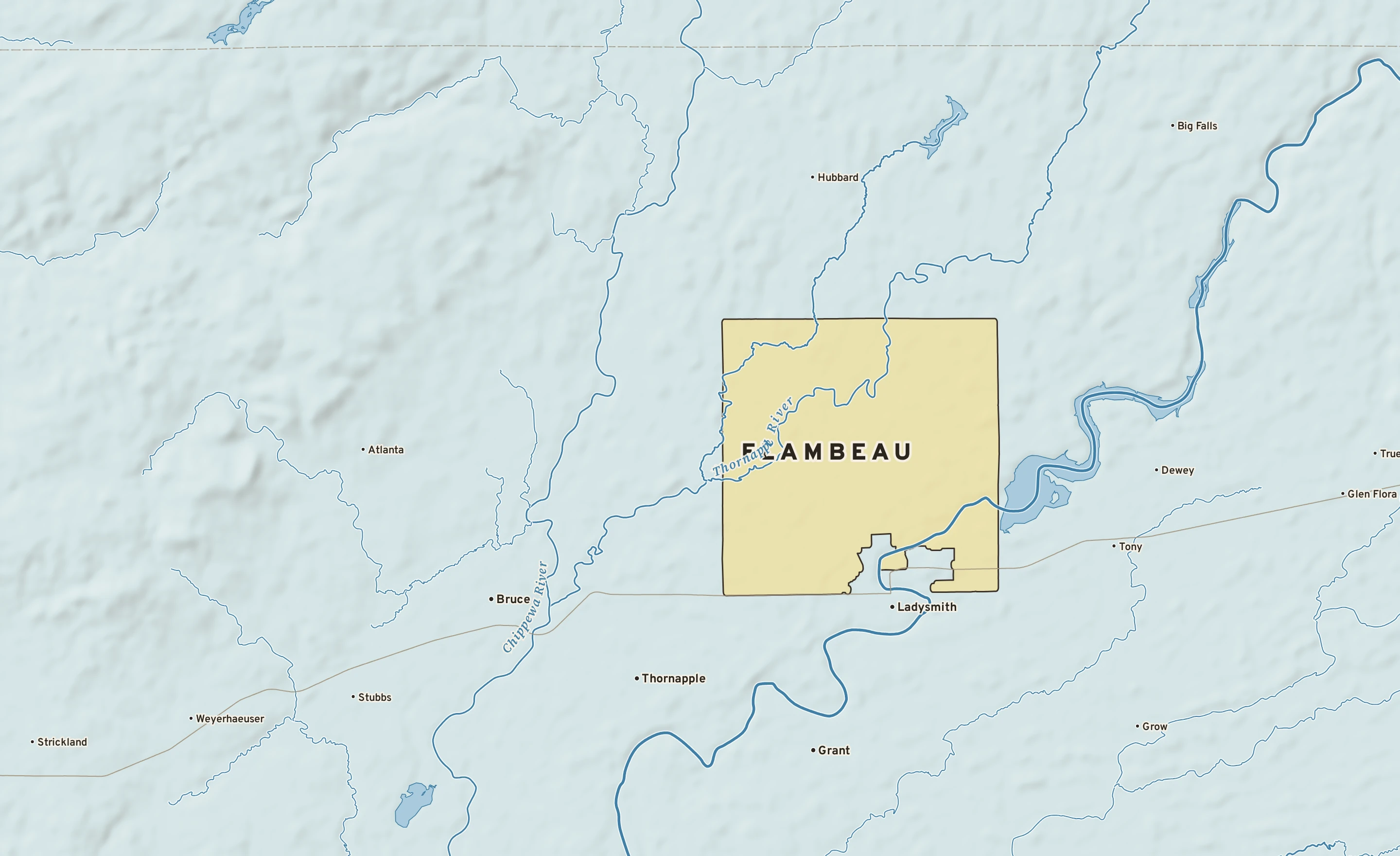 Shaded-relief atlas plate of Flambeau, Wisconsin: rivers, roads, the city limits and where the water drains.