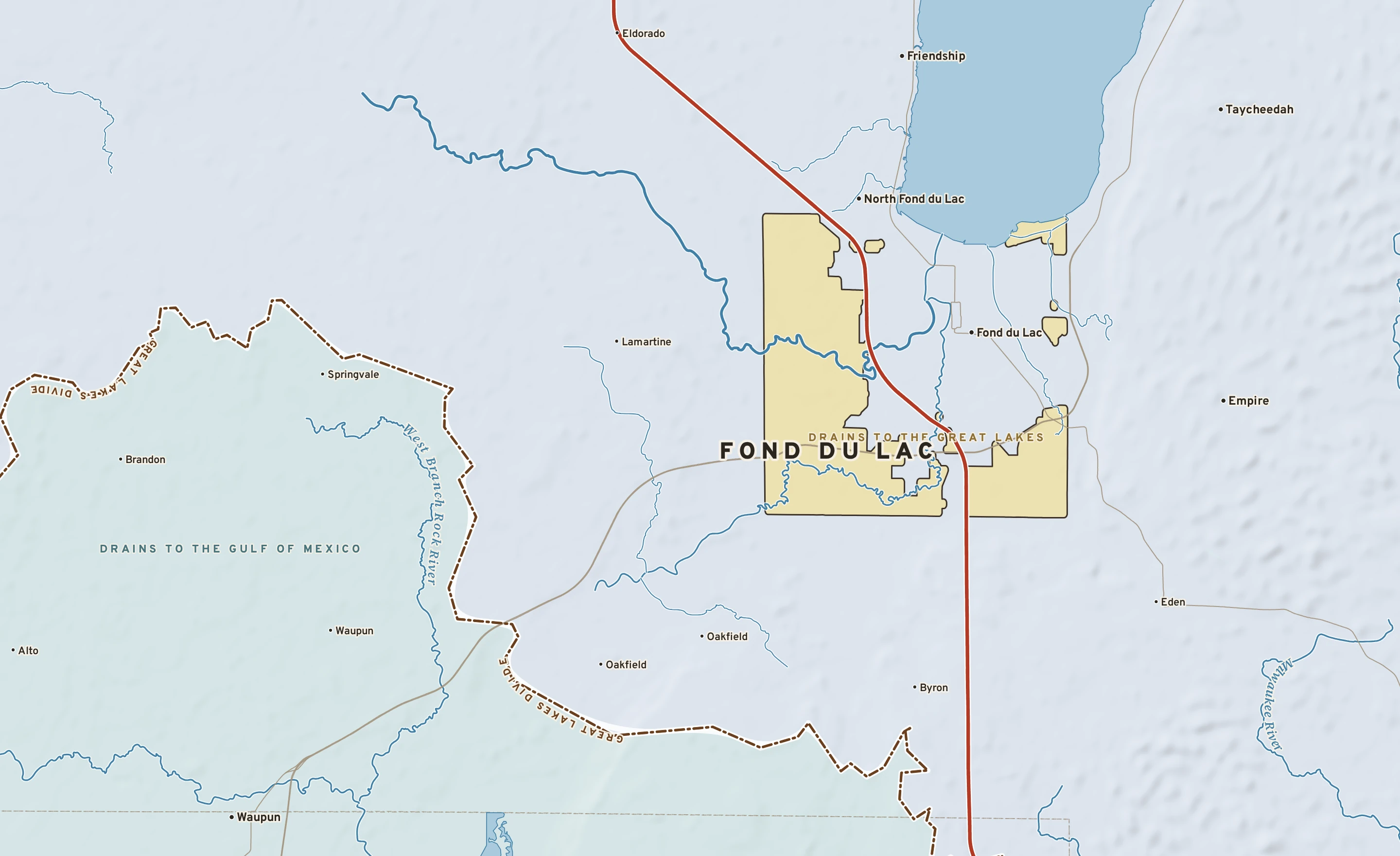 Shaded-relief atlas plate of Fond du Lac, Wisconsin: rivers, roads, the city limits and where the water drains.