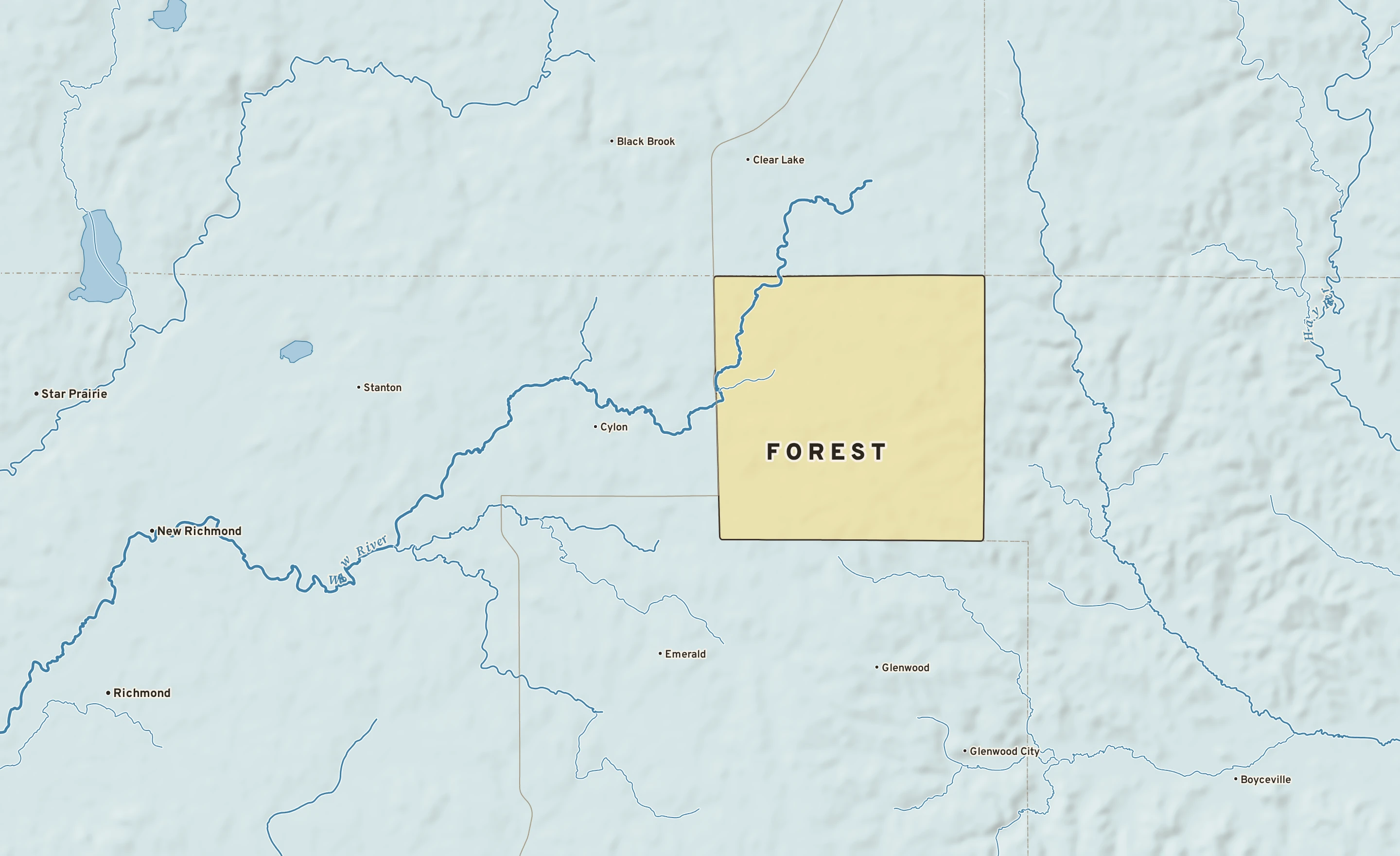 Shaded-relief atlas plate of Forest, Wisconsin: rivers, roads, the city limits and where the water drains.