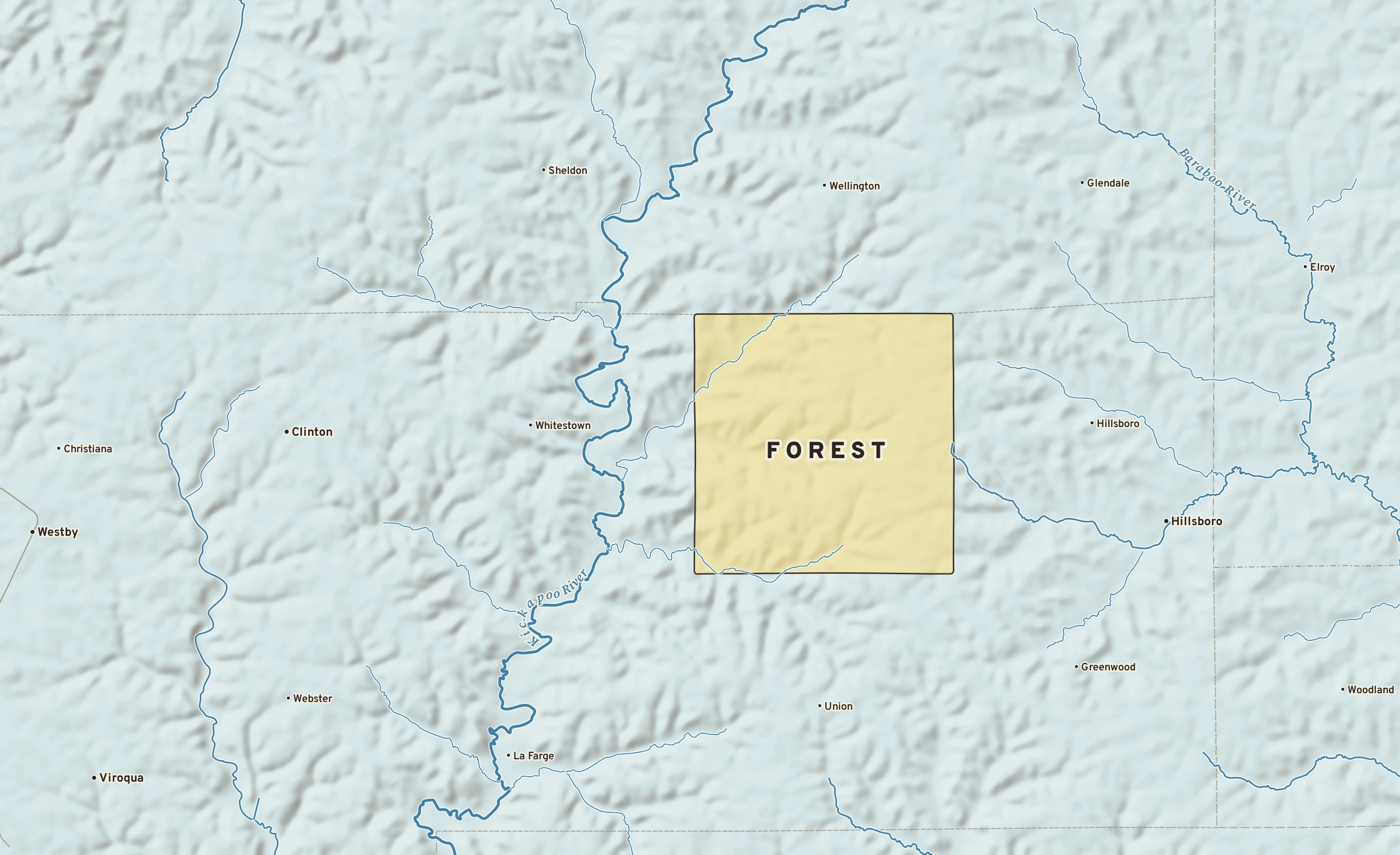 Shaded-relief atlas plate of Forest, Wisconsin: rivers, roads, the city limits and where the water drains.