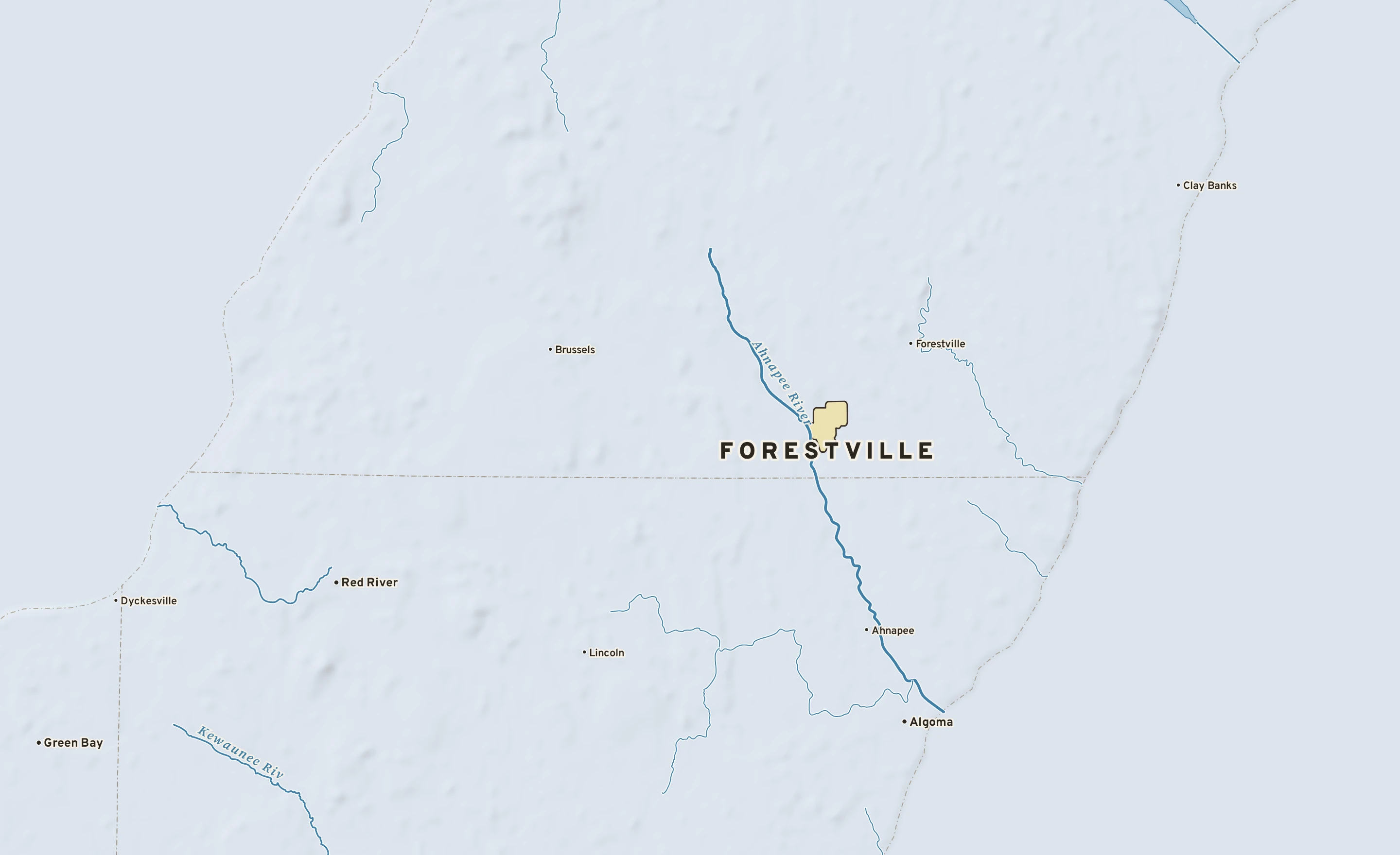 Shaded-relief atlas plate of Forestville, Wisconsin: rivers, roads, the city limits and where the water drains.