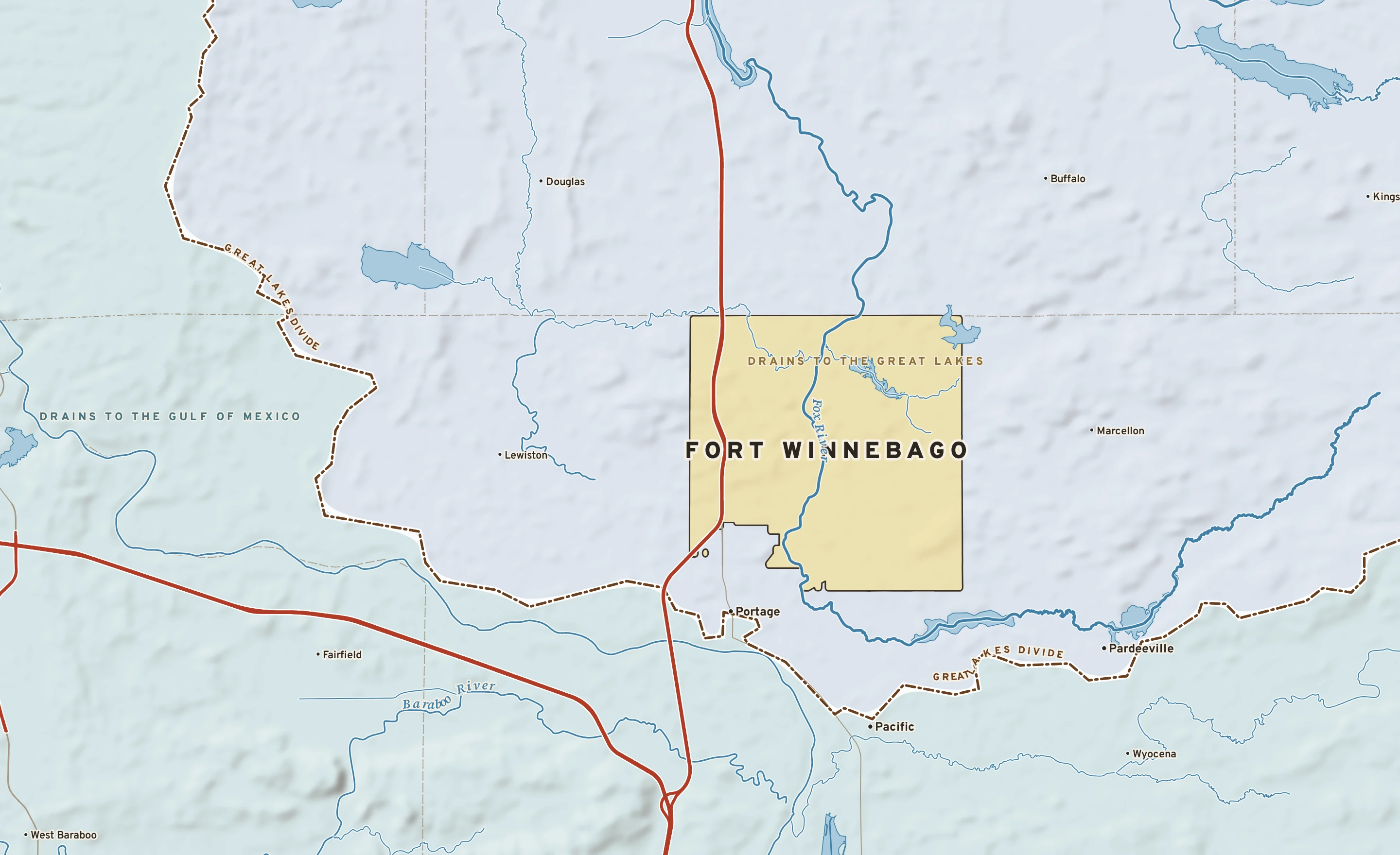 Shaded-relief atlas plate of Fort Winnebago, Wisconsin: rivers, roads, the city limits and where the water drains.