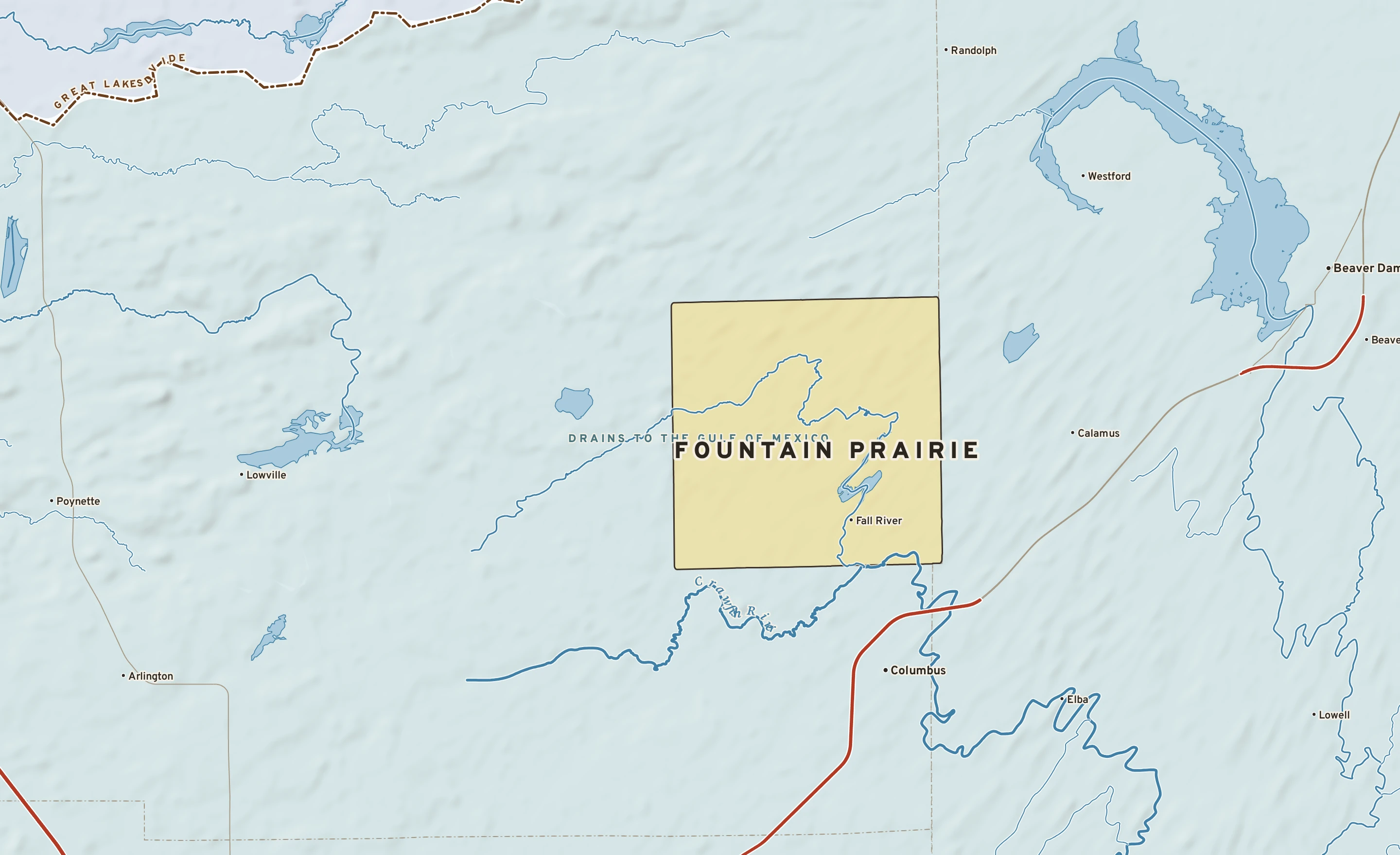 Shaded-relief atlas plate of Fountain Prairie, Wisconsin: rivers, roads, the city limits and where the water drains.