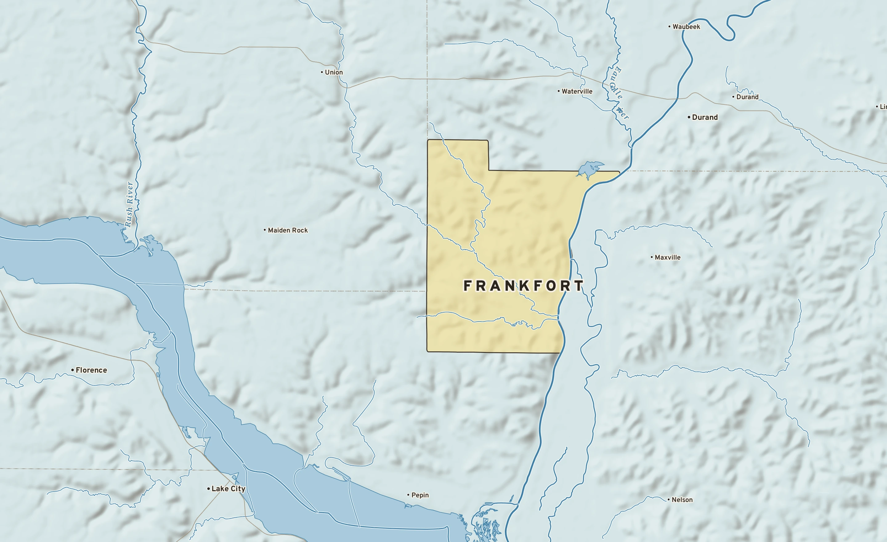 Shaded-relief atlas plate of Frankfort, Wisconsin: rivers, roads, the city limits and where the water drains.