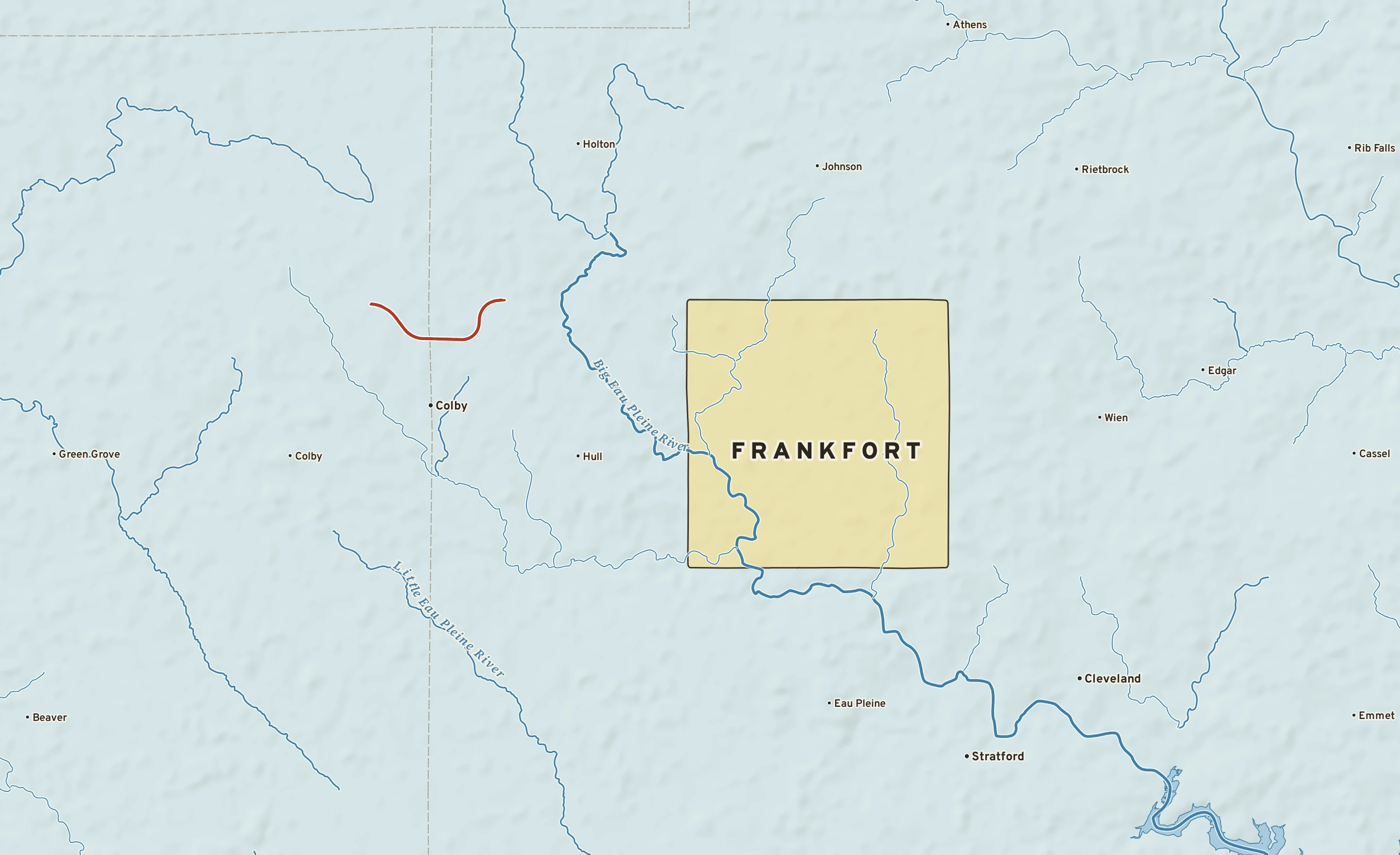 Shaded-relief atlas plate of Frankfort, Wisconsin: rivers, roads, the city limits and where the water drains.