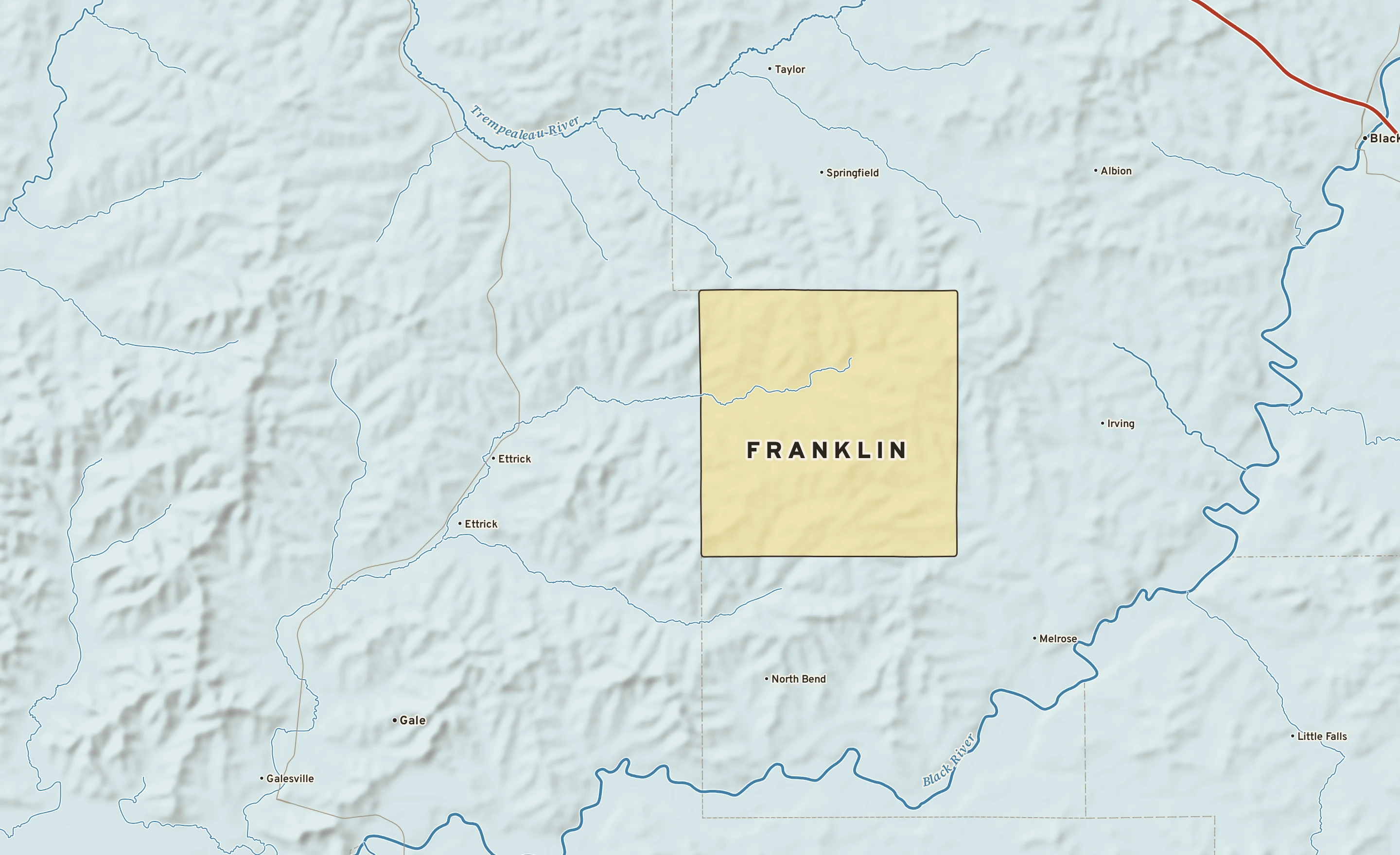 Shaded-relief atlas plate of Franklin, Wisconsin: rivers, roads, the city limits and where the water drains.