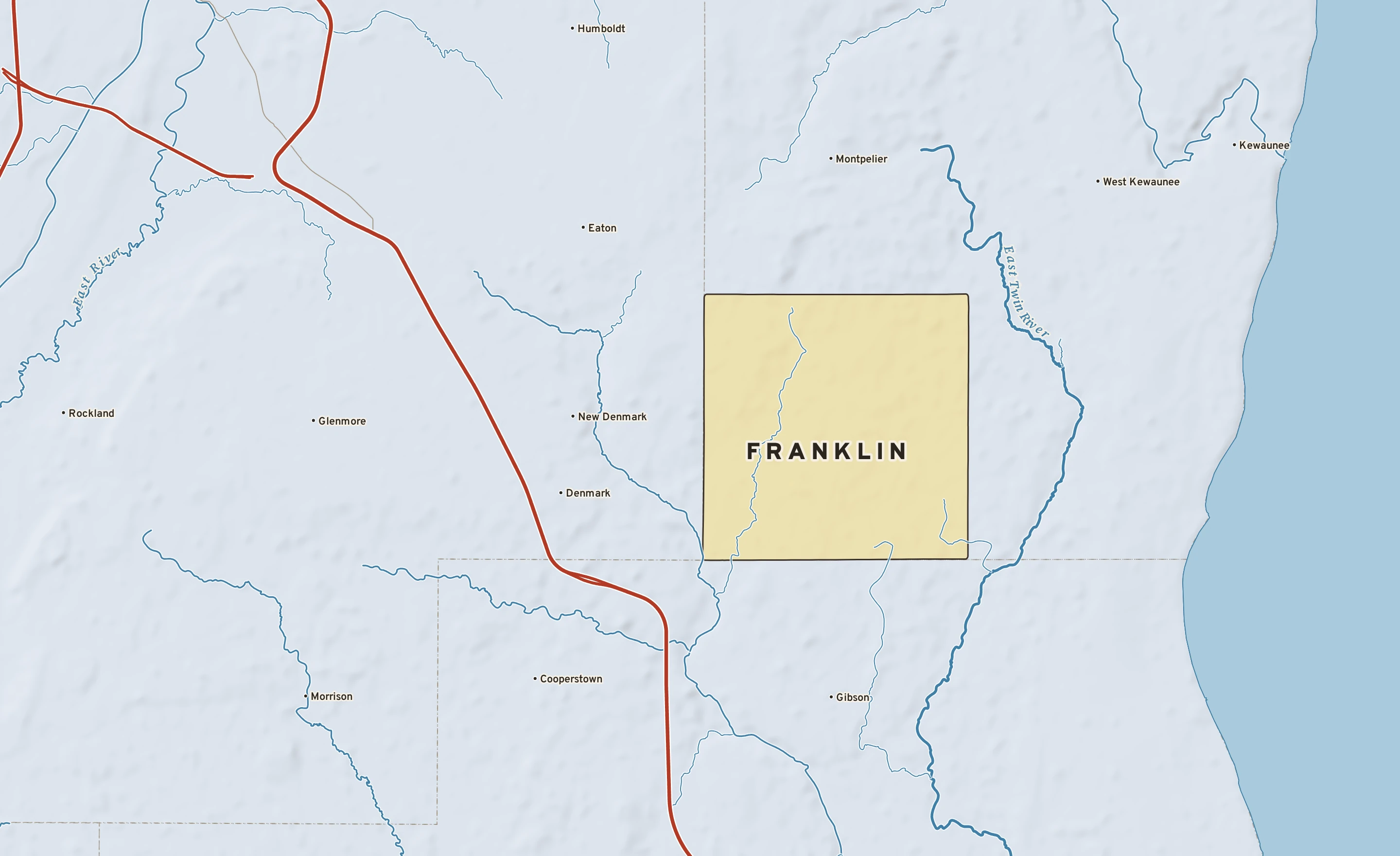 Shaded-relief atlas plate of Franklin, Wisconsin: rivers, roads, the city limits and where the water drains.