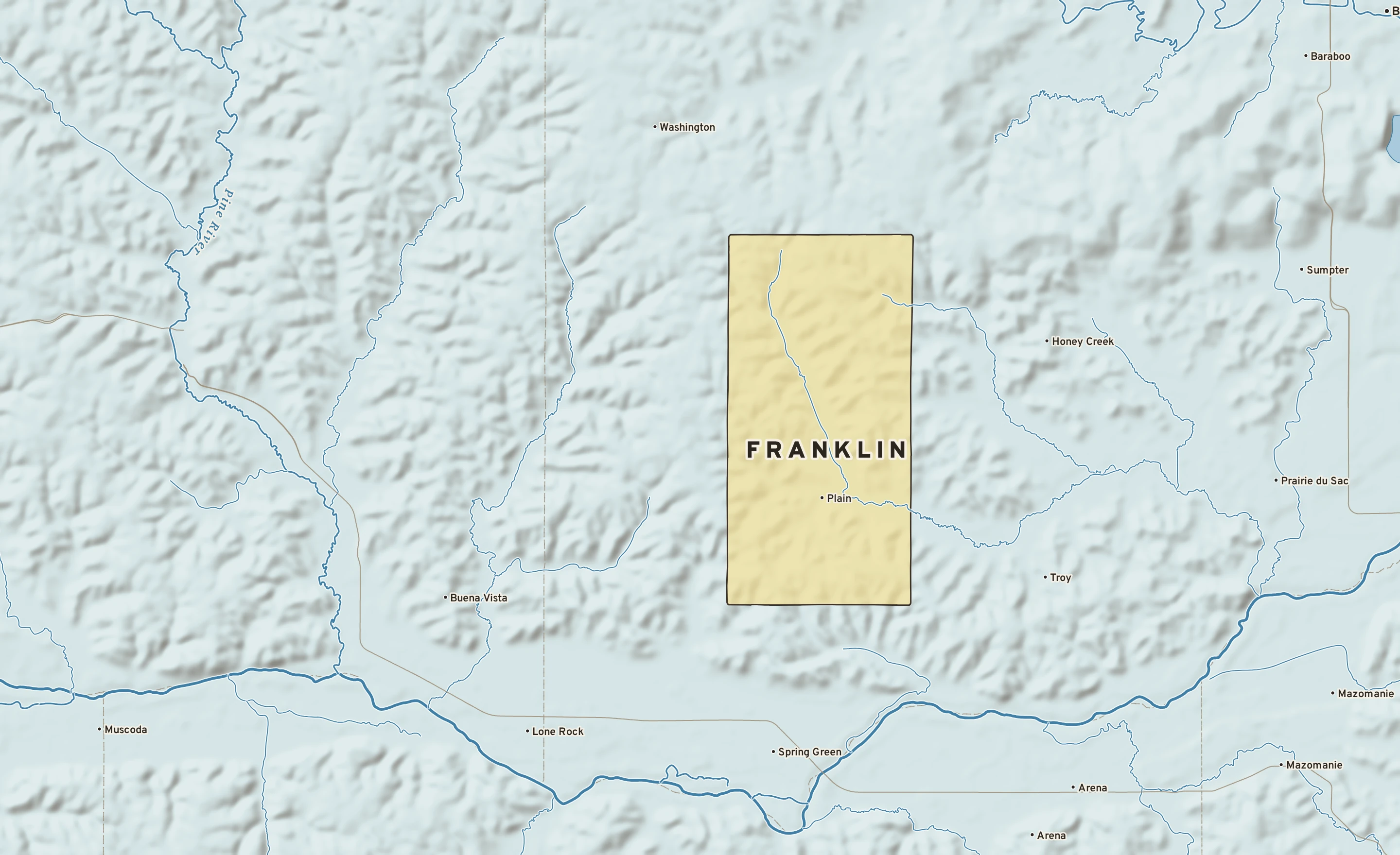 Shaded-relief atlas plate of Franklin, Wisconsin: rivers, roads, the city limits and where the water drains.