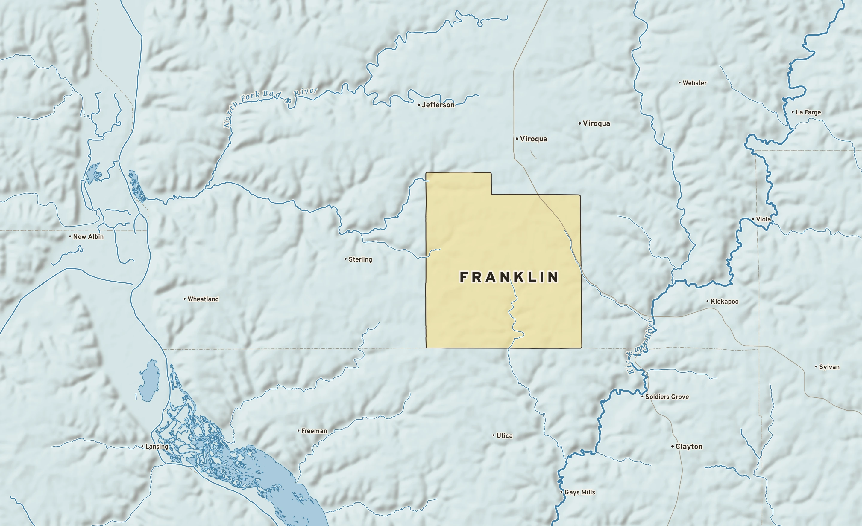 Shaded-relief atlas plate of Franklin, Wisconsin: rivers, roads, the city limits and where the water drains.