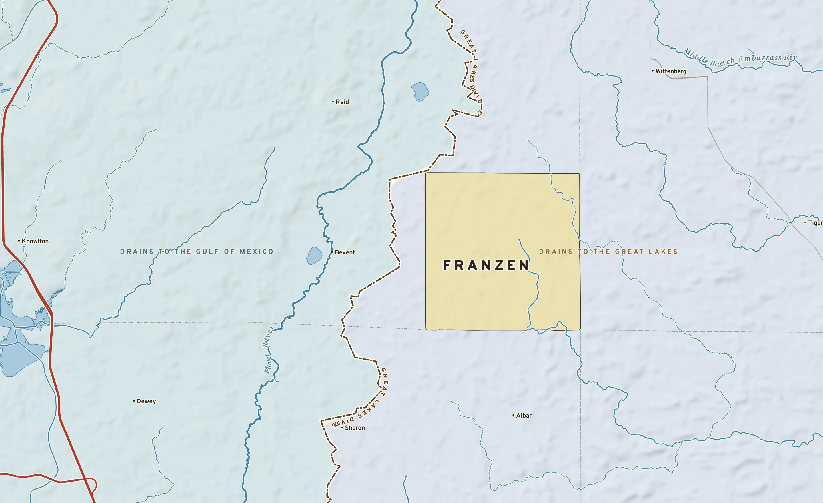 Shaded-relief atlas plate of Franzen, Wisconsin: rivers, roads, the city limits and where the water drains.