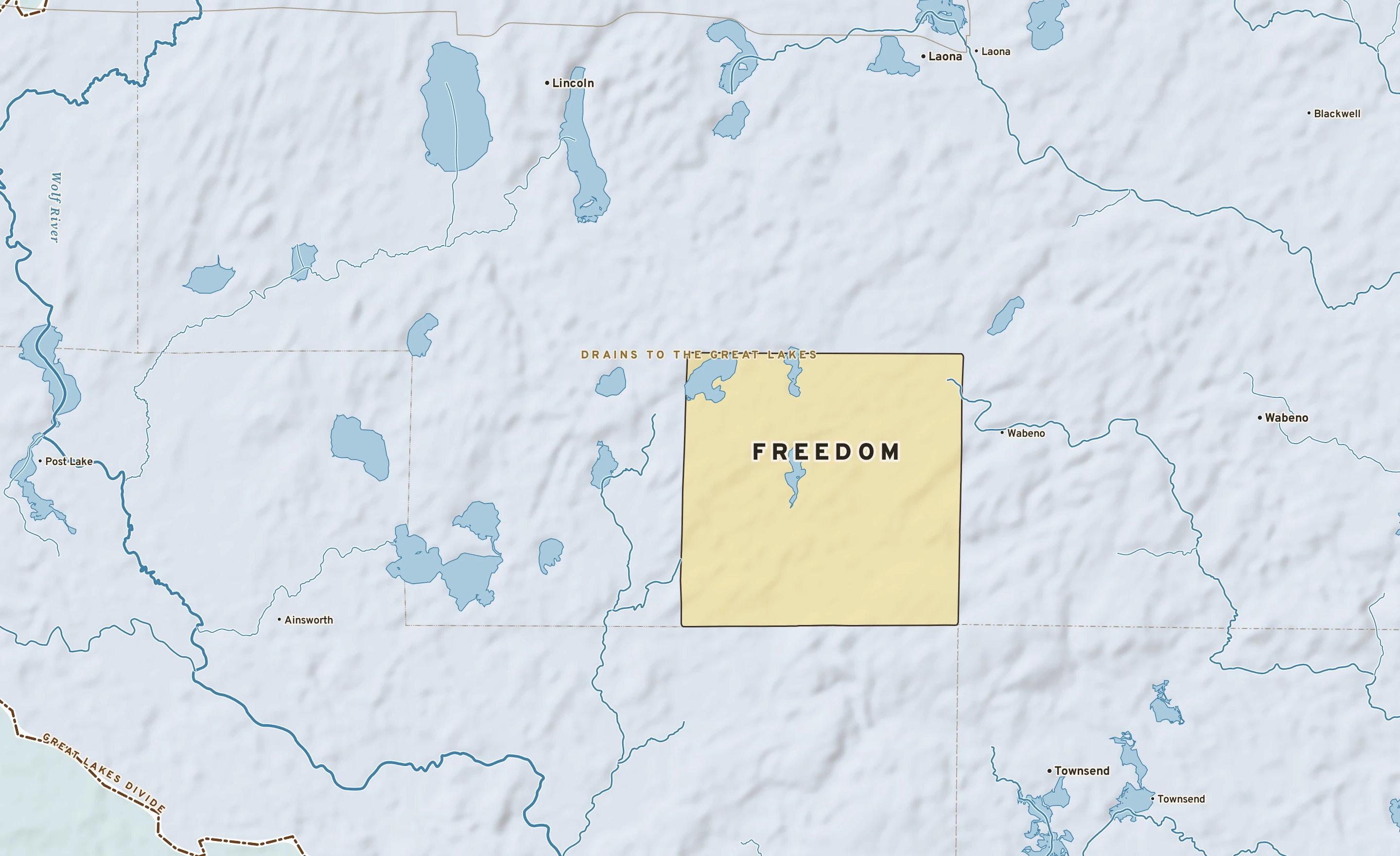 Shaded-relief atlas plate of Freedom, Wisconsin: rivers, roads, the city limits and where the water drains.