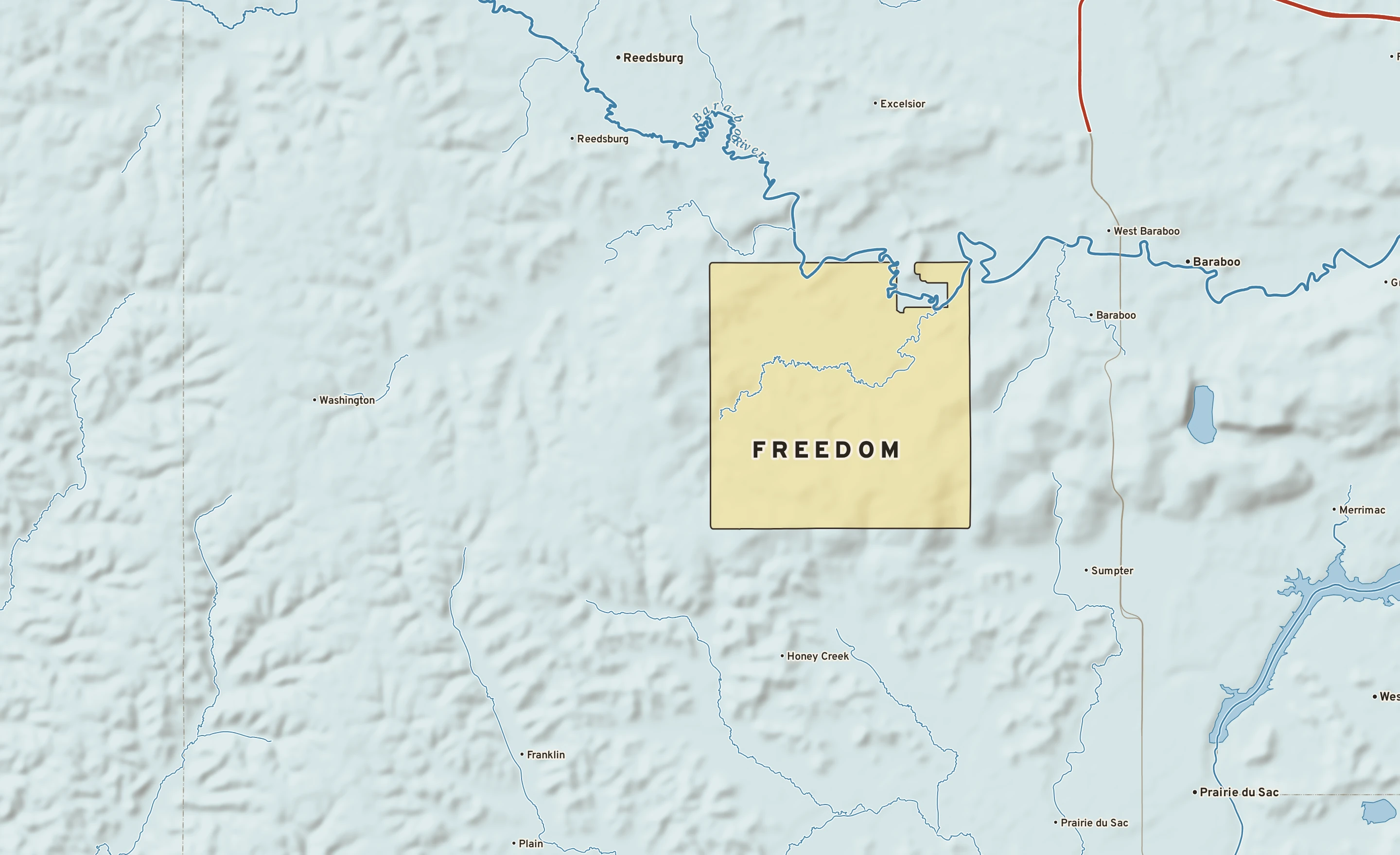 Shaded-relief atlas plate of Freedom, Wisconsin: rivers, roads, the city limits and where the water drains.