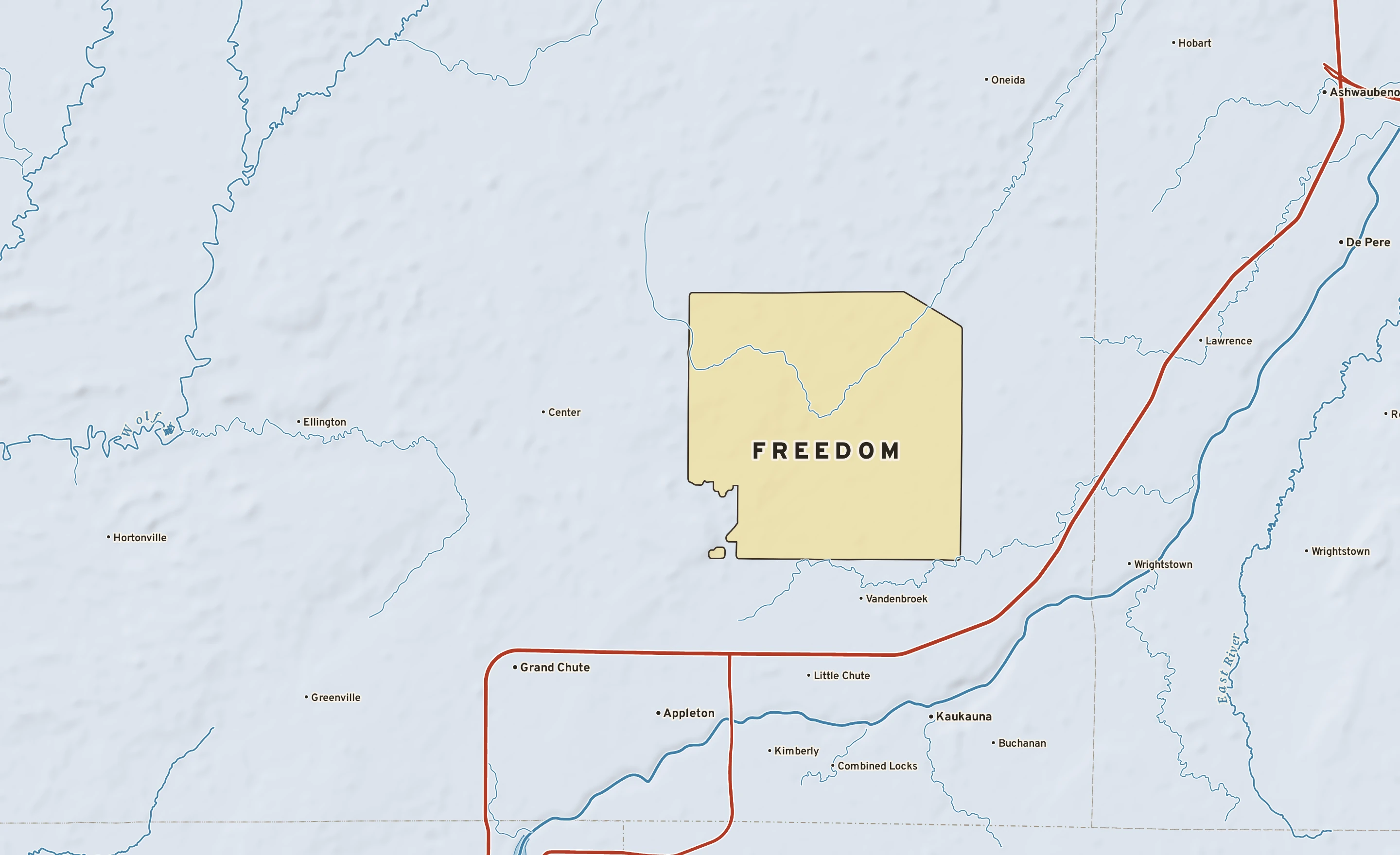 Shaded-relief atlas plate of Freedom, Wisconsin: rivers, roads, the city limits and where the water drains.