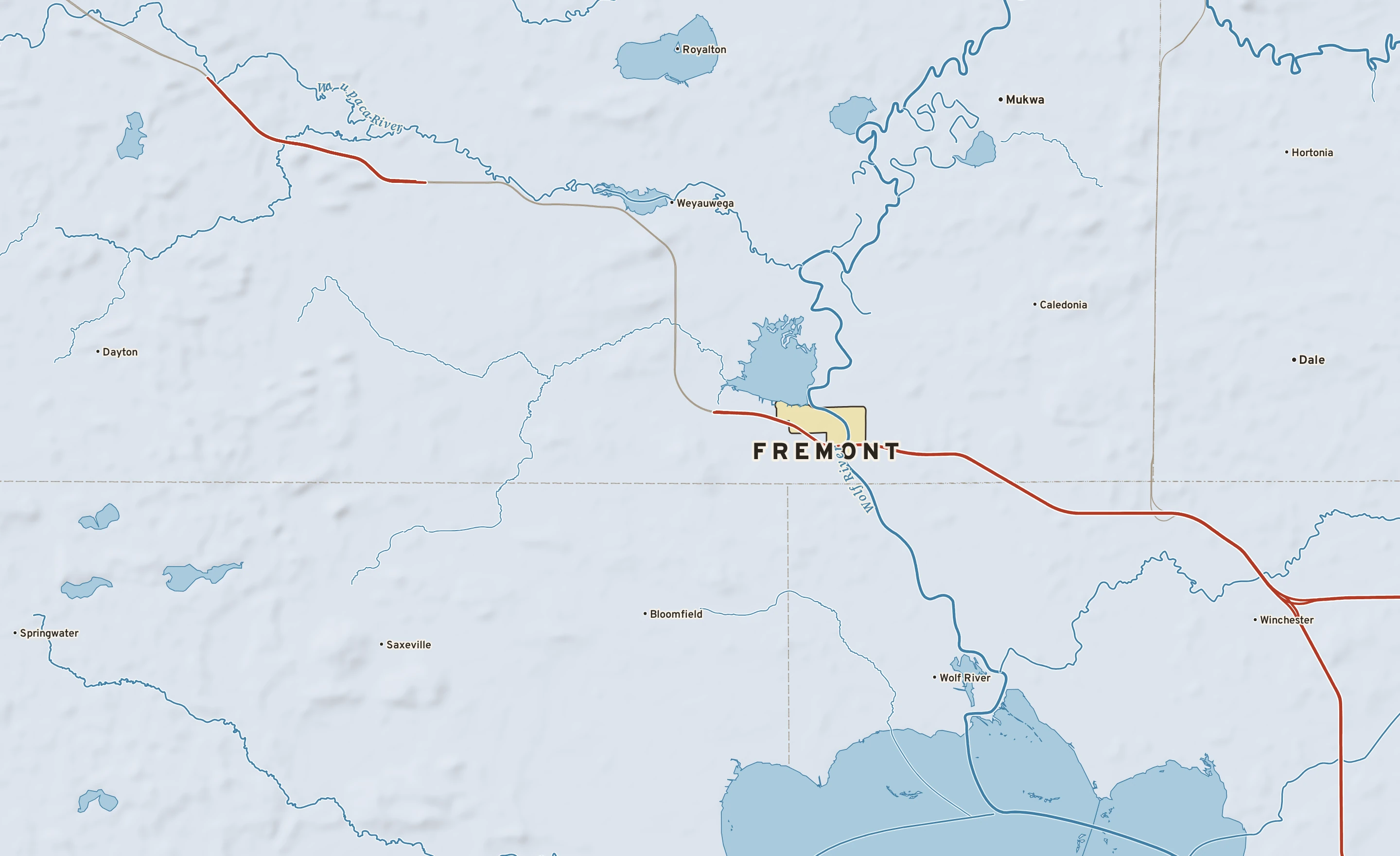 Shaded-relief atlas plate of Fremont, Wisconsin: rivers, roads, the city limits and where the water drains.