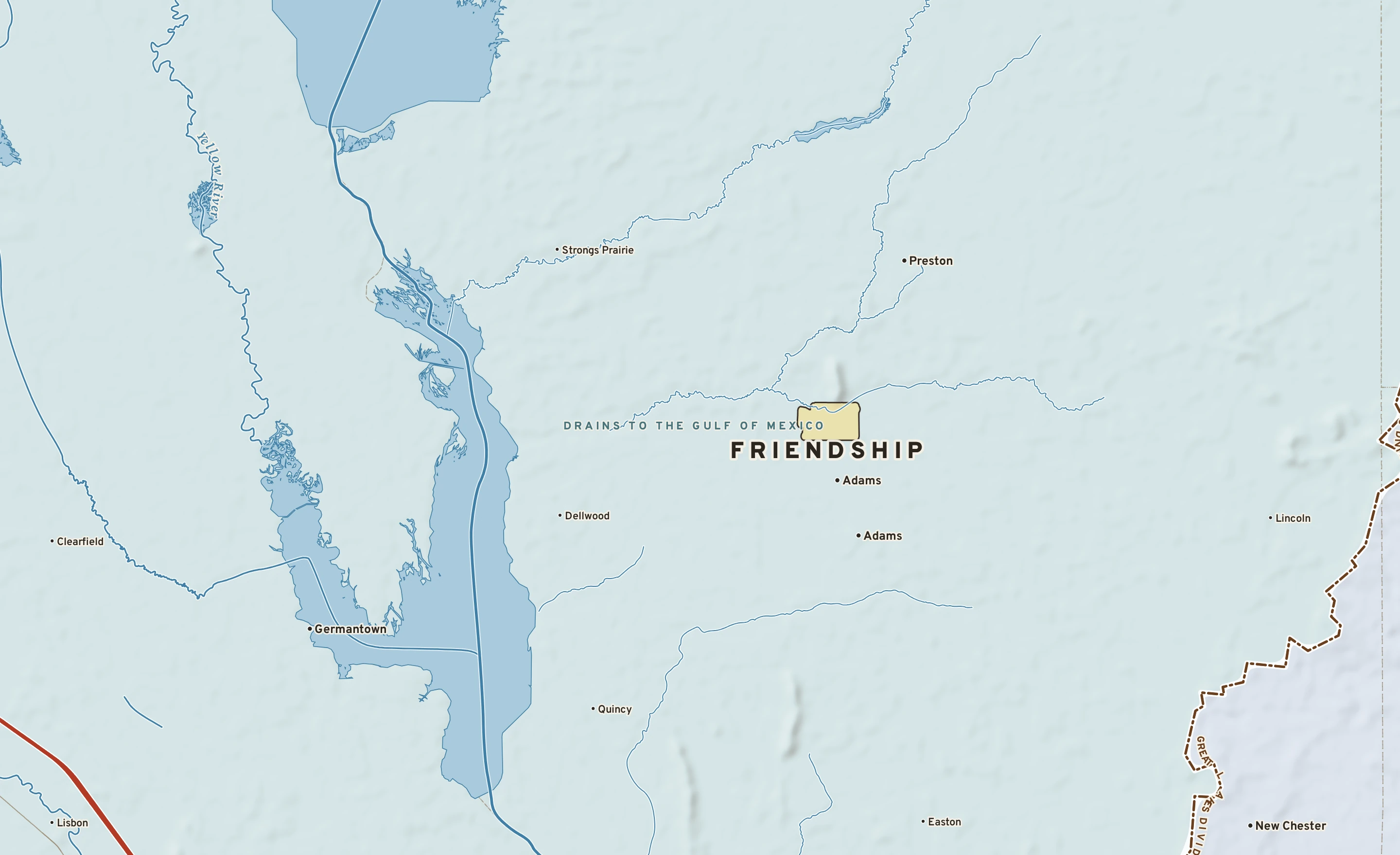Shaded-relief atlas plate of Friendship, Wisconsin: rivers, roads, the city limits and where the water drains.